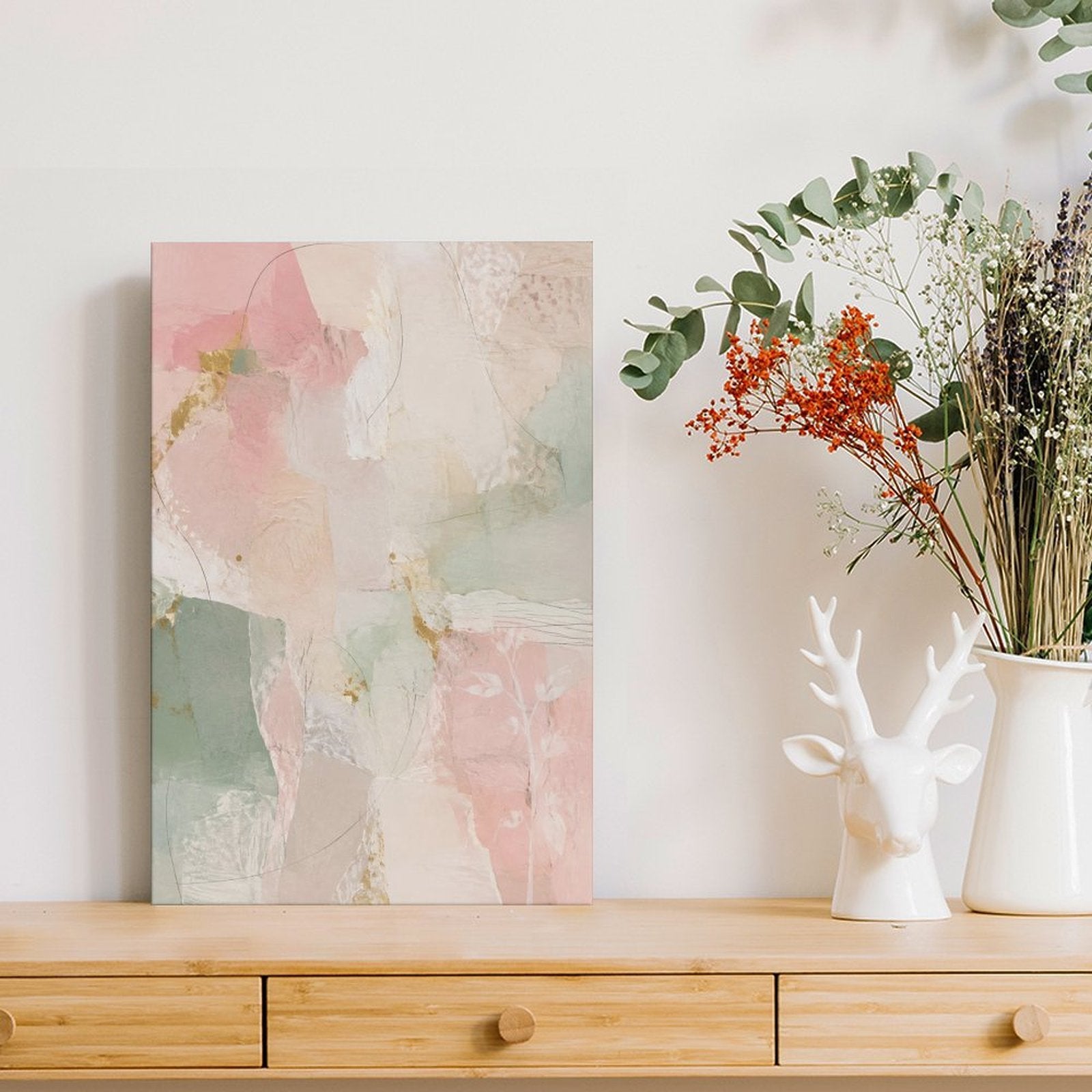 Blush Pink Mint Gold Soft Abstract Framed Canvas Wall Art | French Romantic Pastel Print