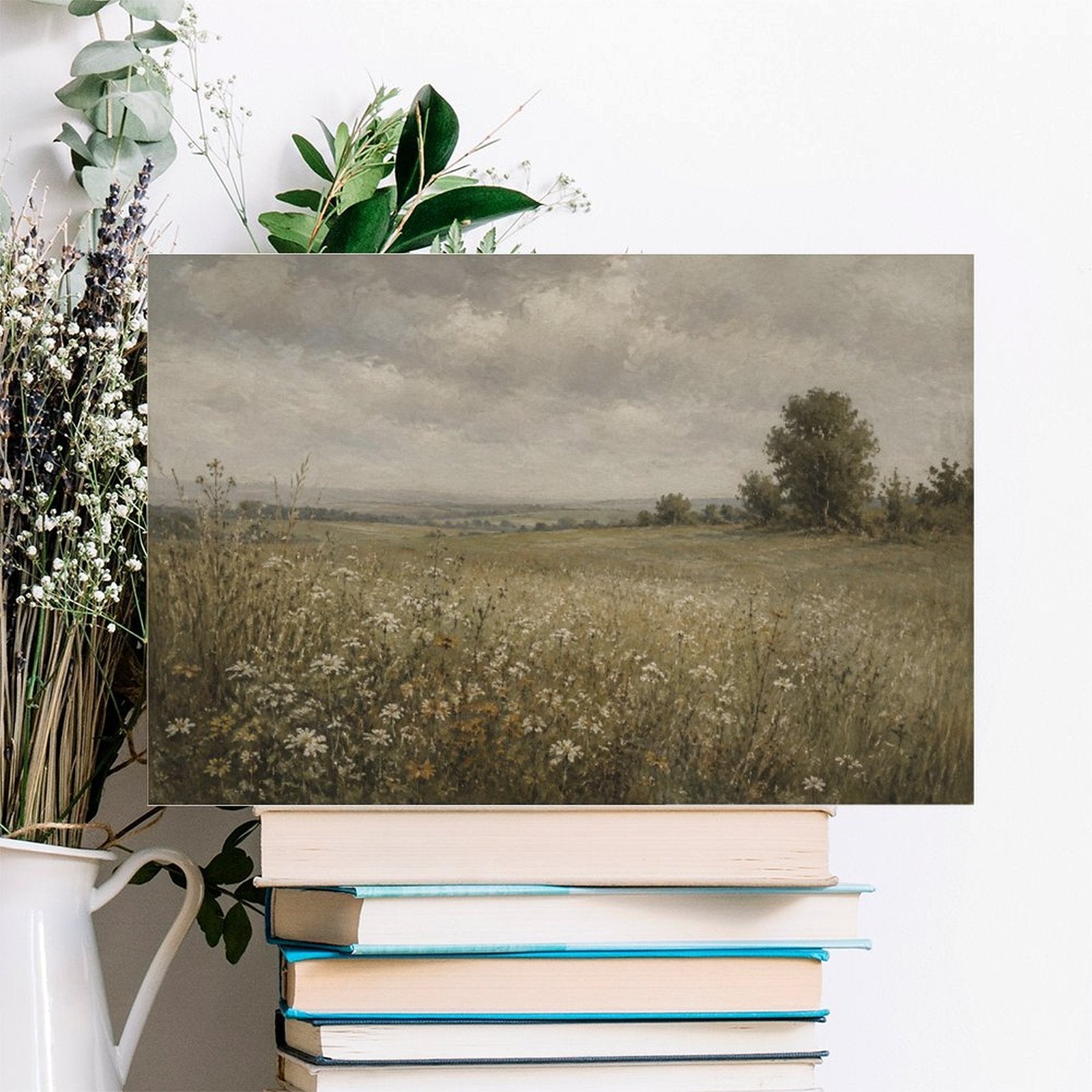 English Country Meadow Daisy Field Framed Canvas Wall Art | Vintage Moody Landscape Print