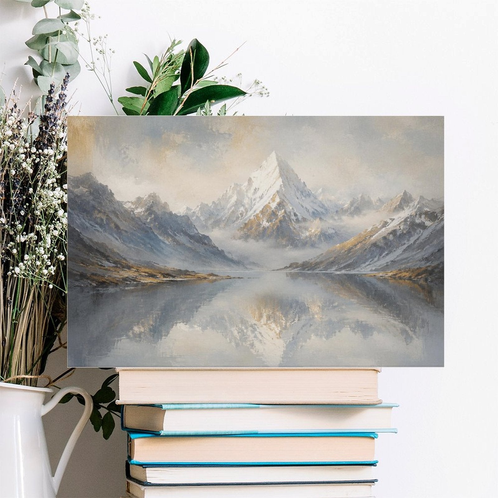 Misty Snow Mountain Lake Reflection Framed Canvas Wall Art | Nordic Minimalist Landscape Print