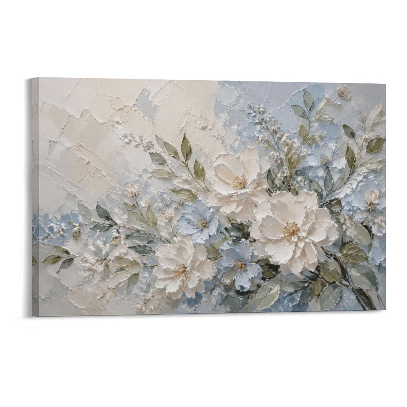 White Peony Blue Floral Textured French Cottage Botanical Relief Framed Canvas Wall Art