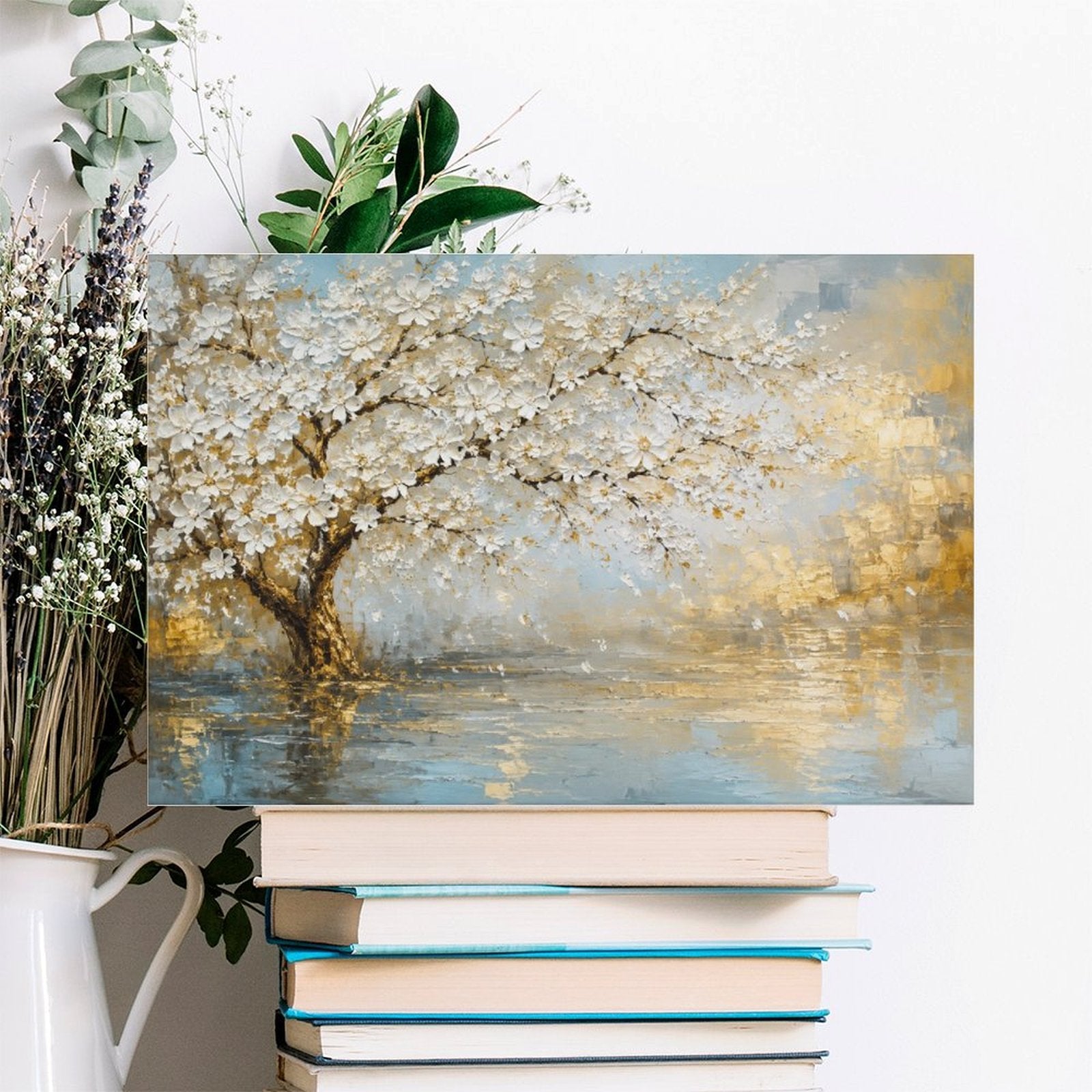 White Blossom Tree Lake Reflection Framed Canvas Wall Art | Gold Blue Textured Landscape Print