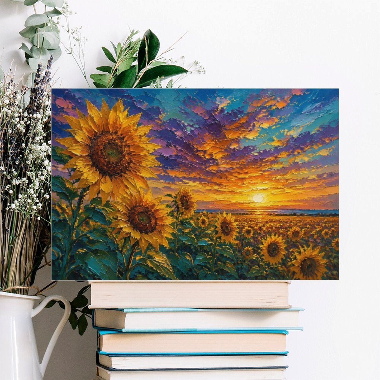 Sunflower Field Sunset Framed Canvas Wall Art | Impressionist Floral Landscape Print