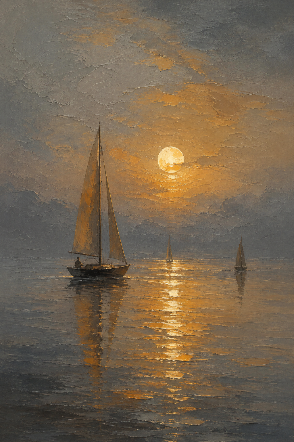 Moonlit Sailboat Misty Sea Framed Canvas Wall Art | Old Master Nocturnal Seascape Print