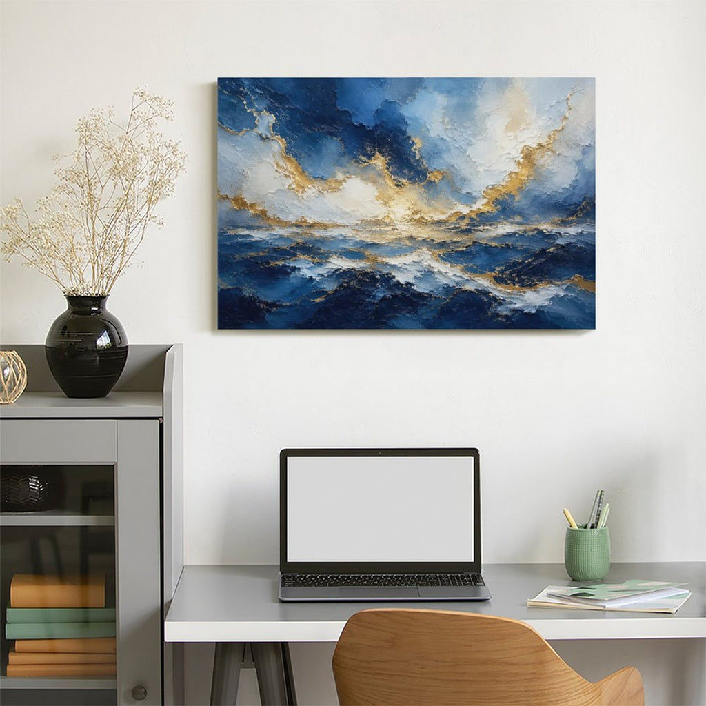 Abstract Navy Blue Gold Ocean Storm Framed Canvas Wall Art | Luxury Seascape Textured Print