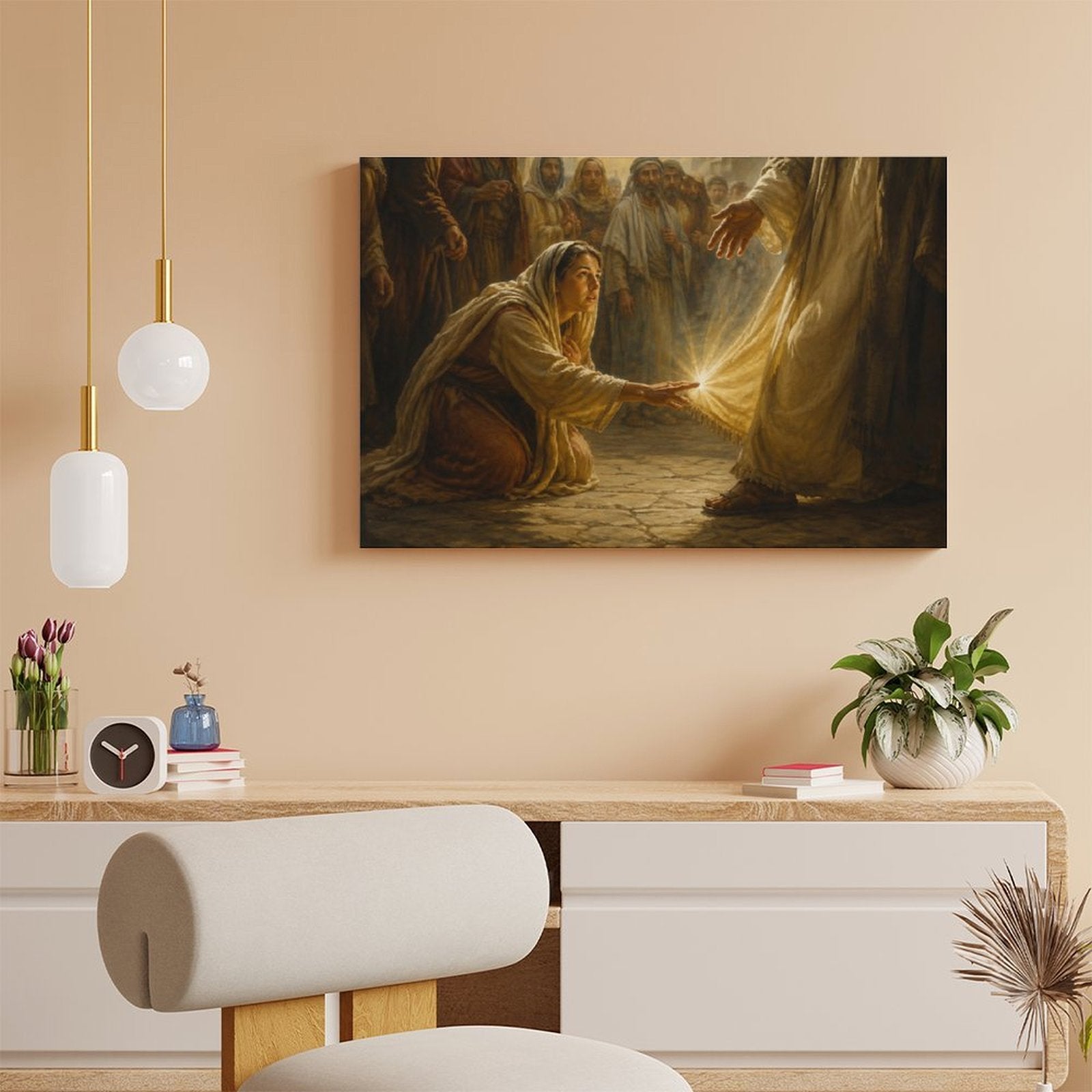 Woman Touching Jesus Robe Healing Miracle Framed Canvas Wall Art | Classical Religious Print