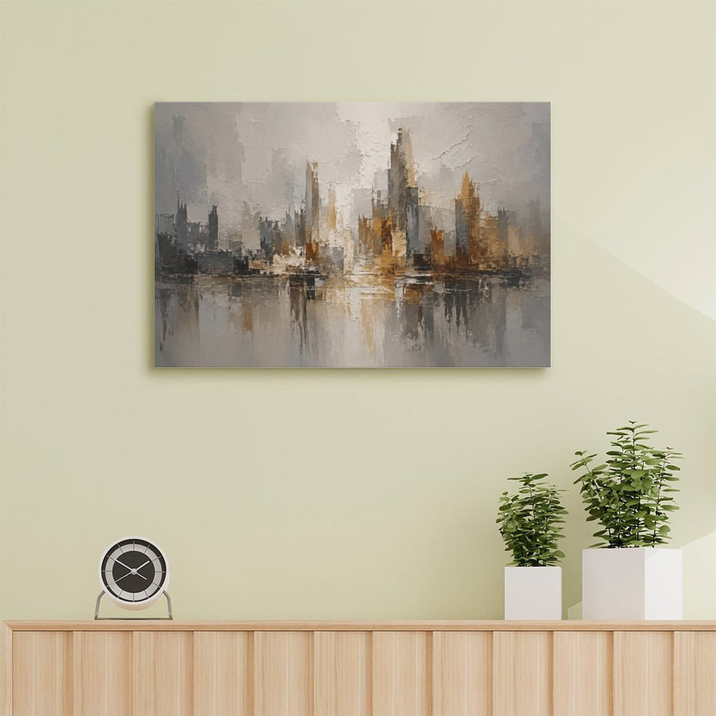 Abstract City Skyline Gold Grey Framed Canvas Wall Art | Modern Urban Textured Landscape Print