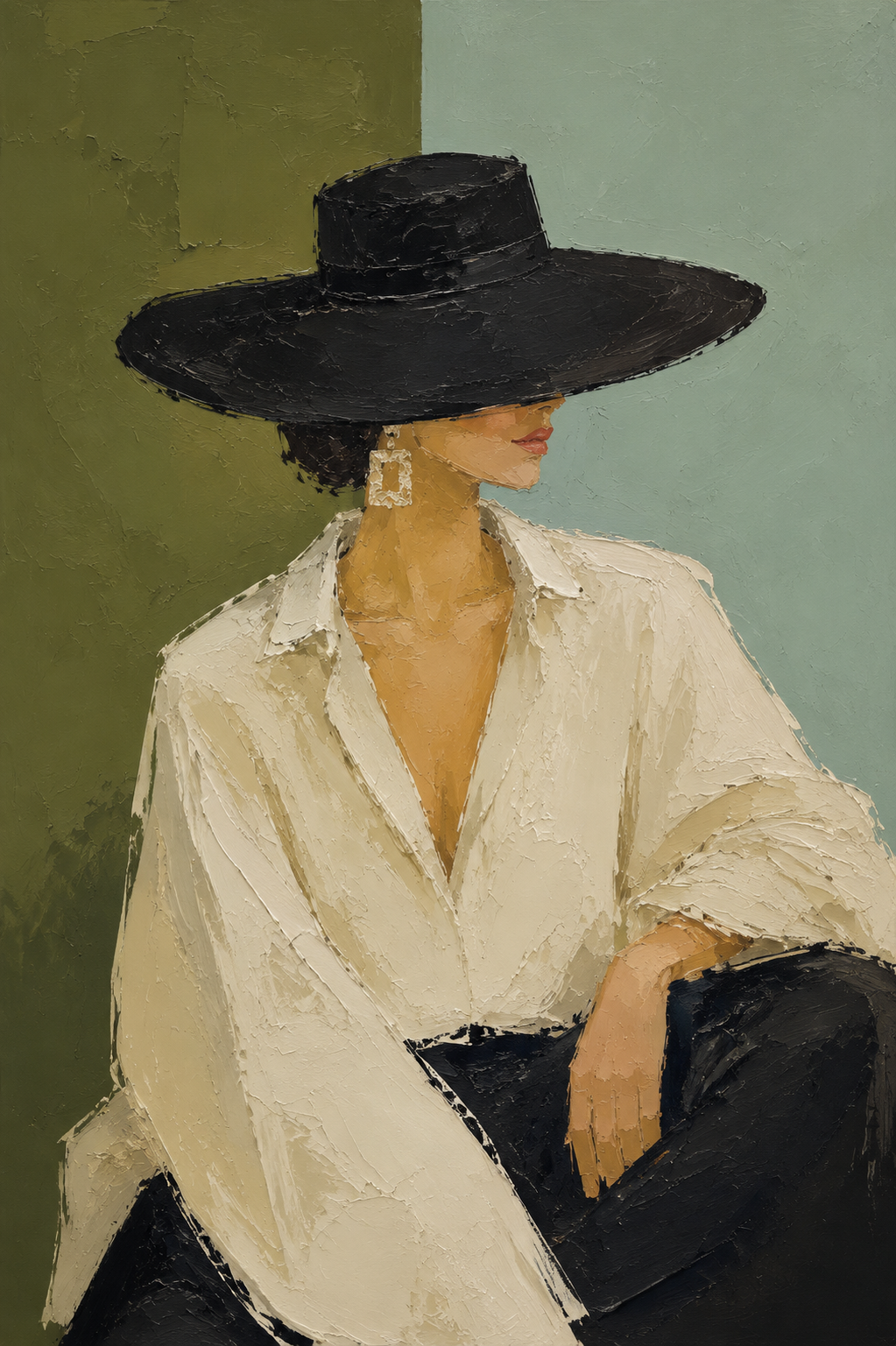 Minimalist Woman Black Hat White Shirt Framed Canvas Wall Art | Modern Fashion Portrait Print
