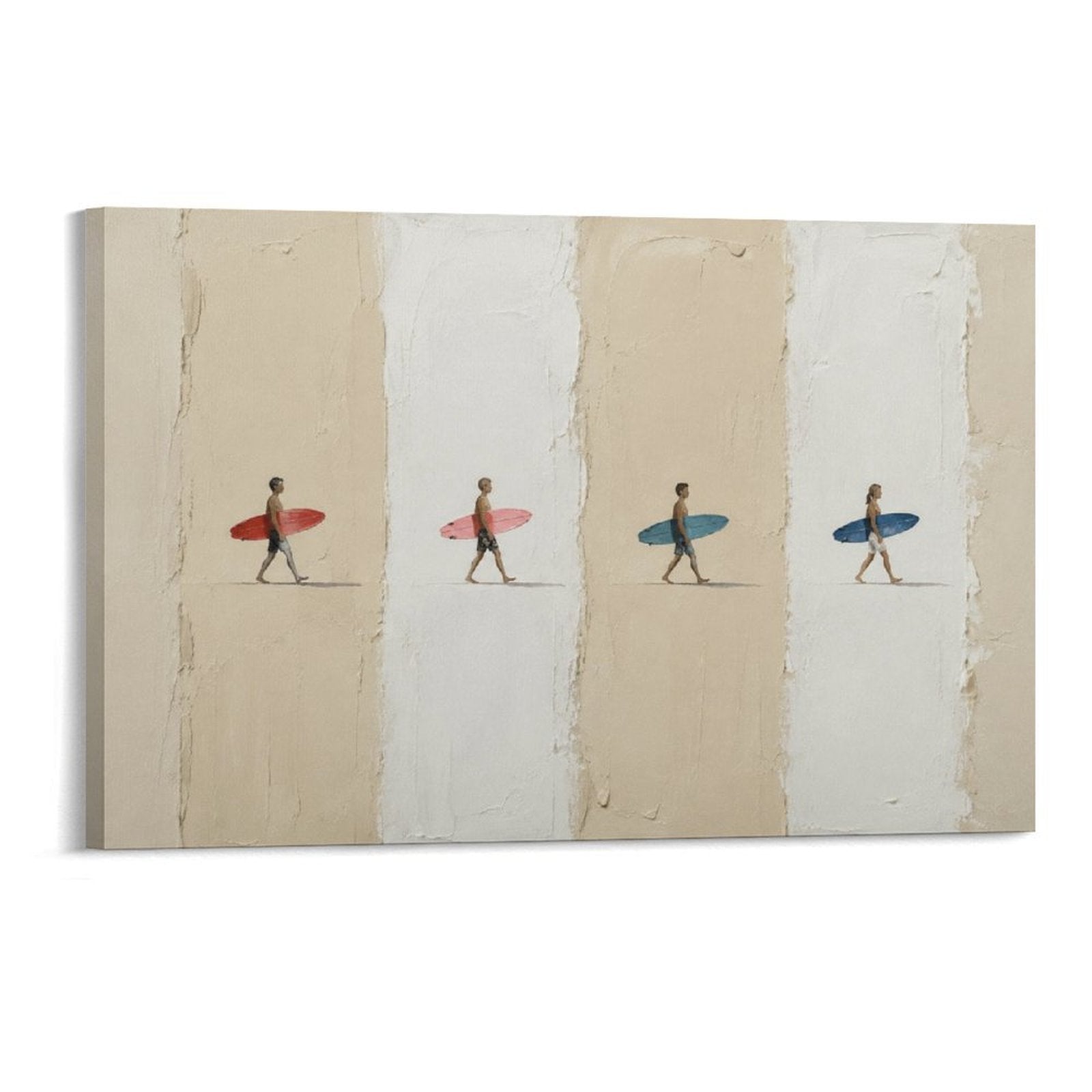 Four Surfers Colorful Boards Minimalist Coastal Beach Stripe Framed Canvas Wall Art