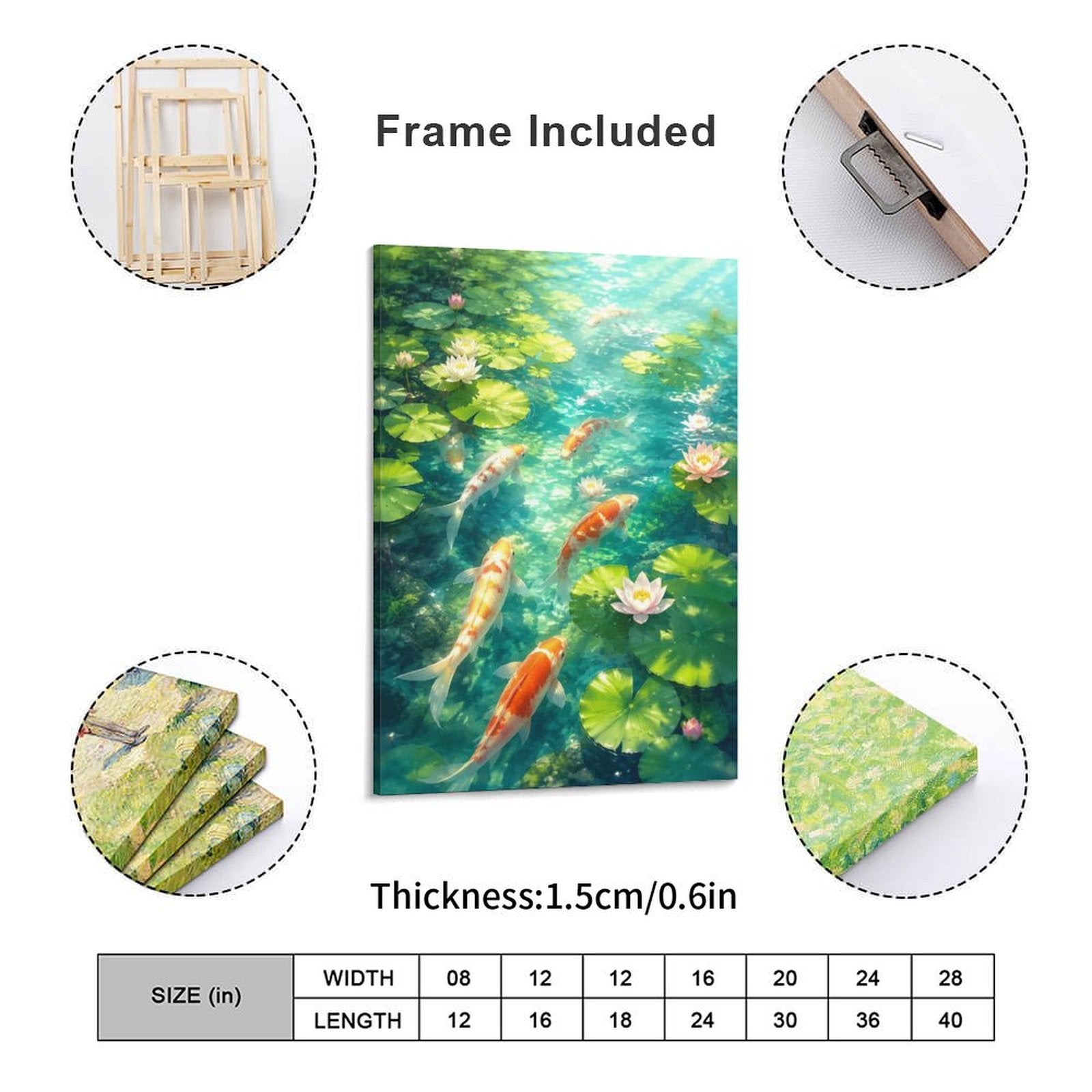 Koi Fish Lotus Pond Framed Canvas Wall Art | Japanese Zen Garden Nature Print