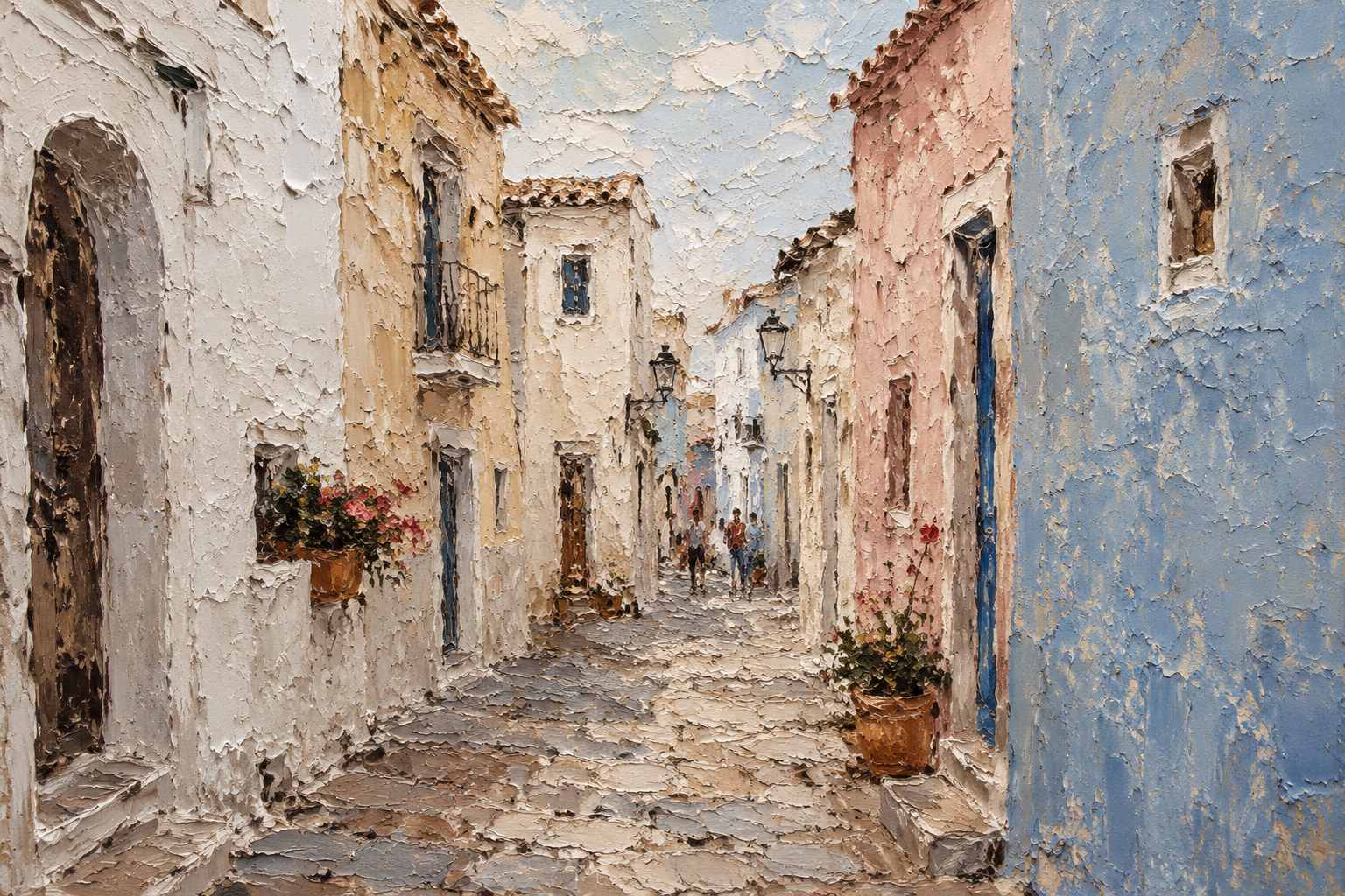 Mediterranean White Village Alley Framed Canvas Wall Art | Textured European Street Print