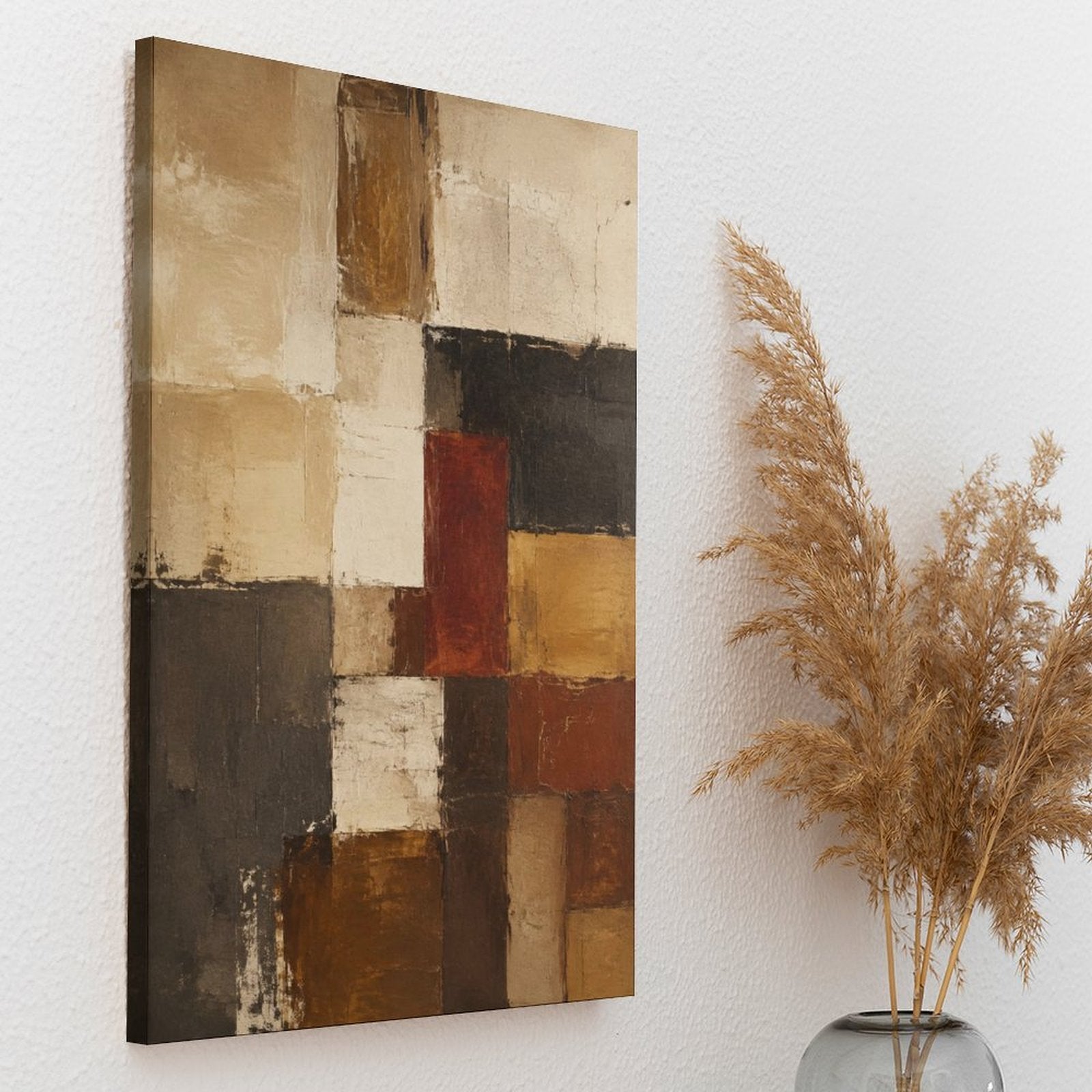 Earth Tone Geometric Block Abstract Textured Framed Canvas Wall Art | Mondrian-Style Neutral Print