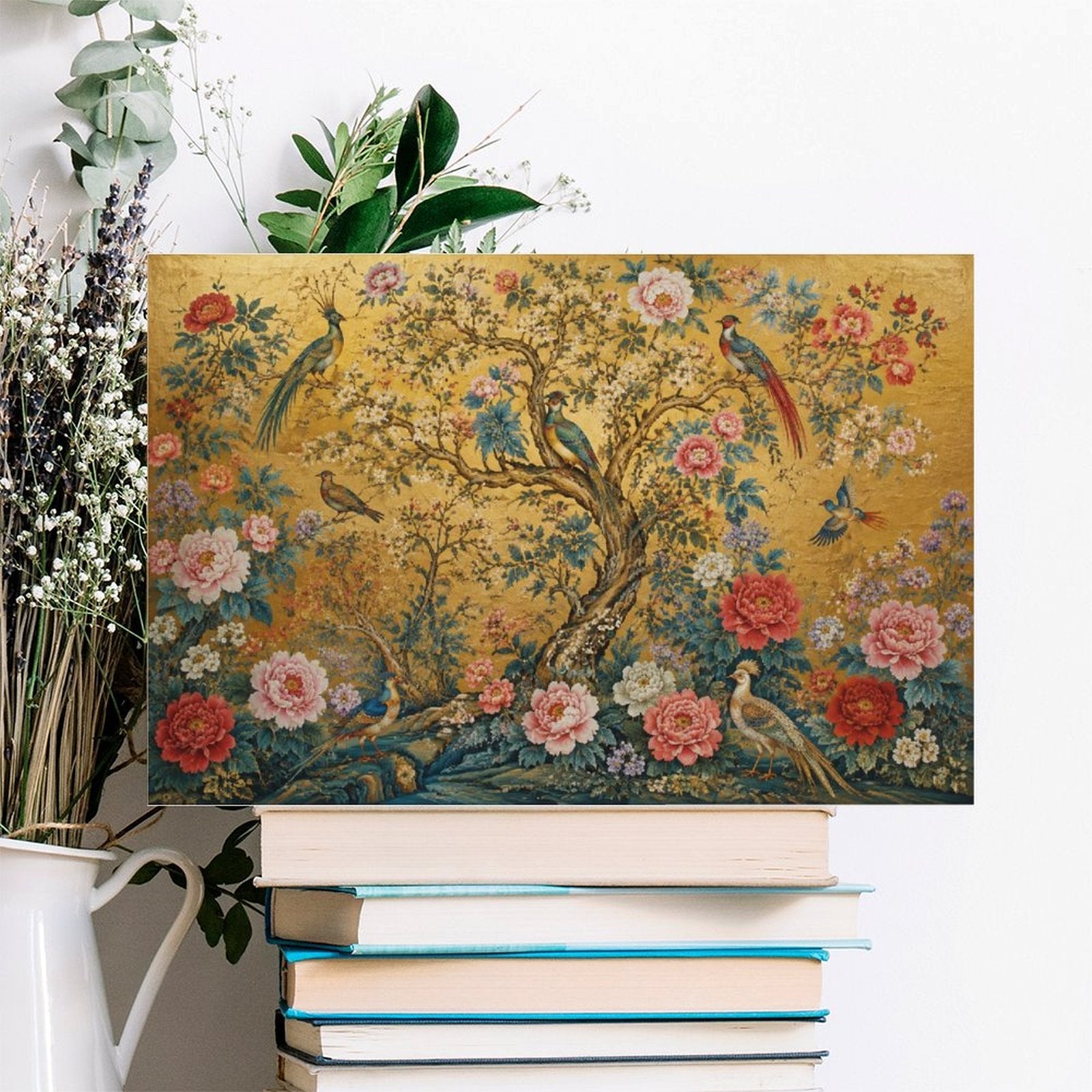 Chinese Imperial Flower & Bird Gold Framed Canvas Wall Art | Chinoiserie Peacock Peony Print
