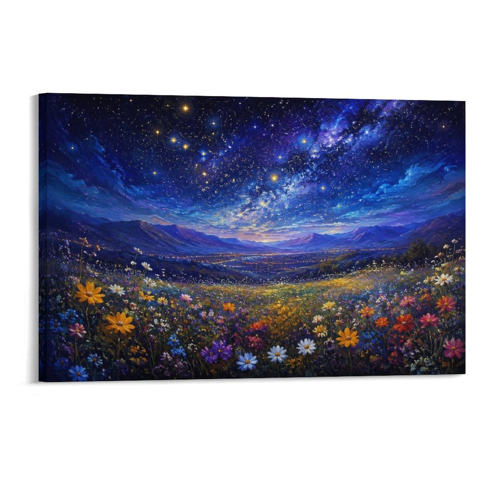 Starry Night Wildflower Meadow Galaxy Sky Colorful Floral Landscape Framed Canvas Wall Art