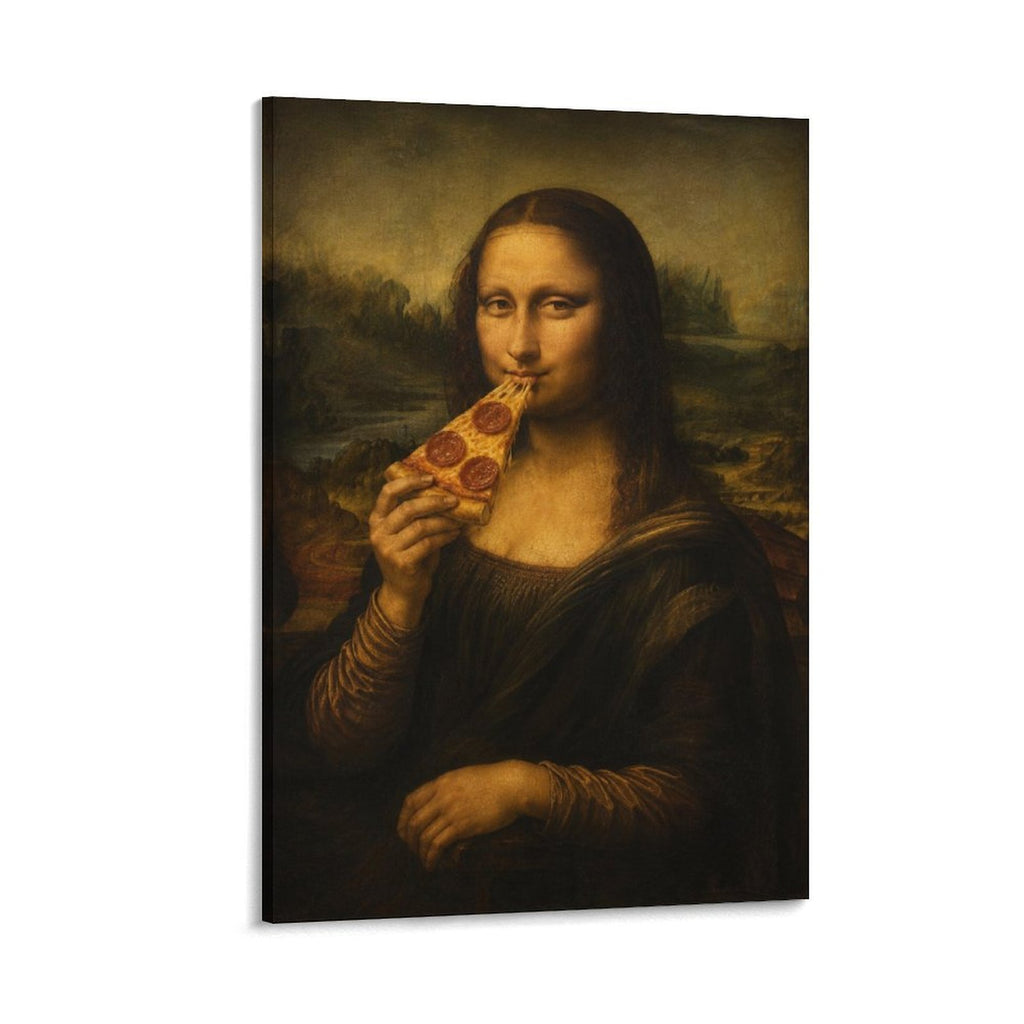 Mona Lisa Eating Pizza Funny Humorous Pop Art Parody Framed Canvas Wall Art