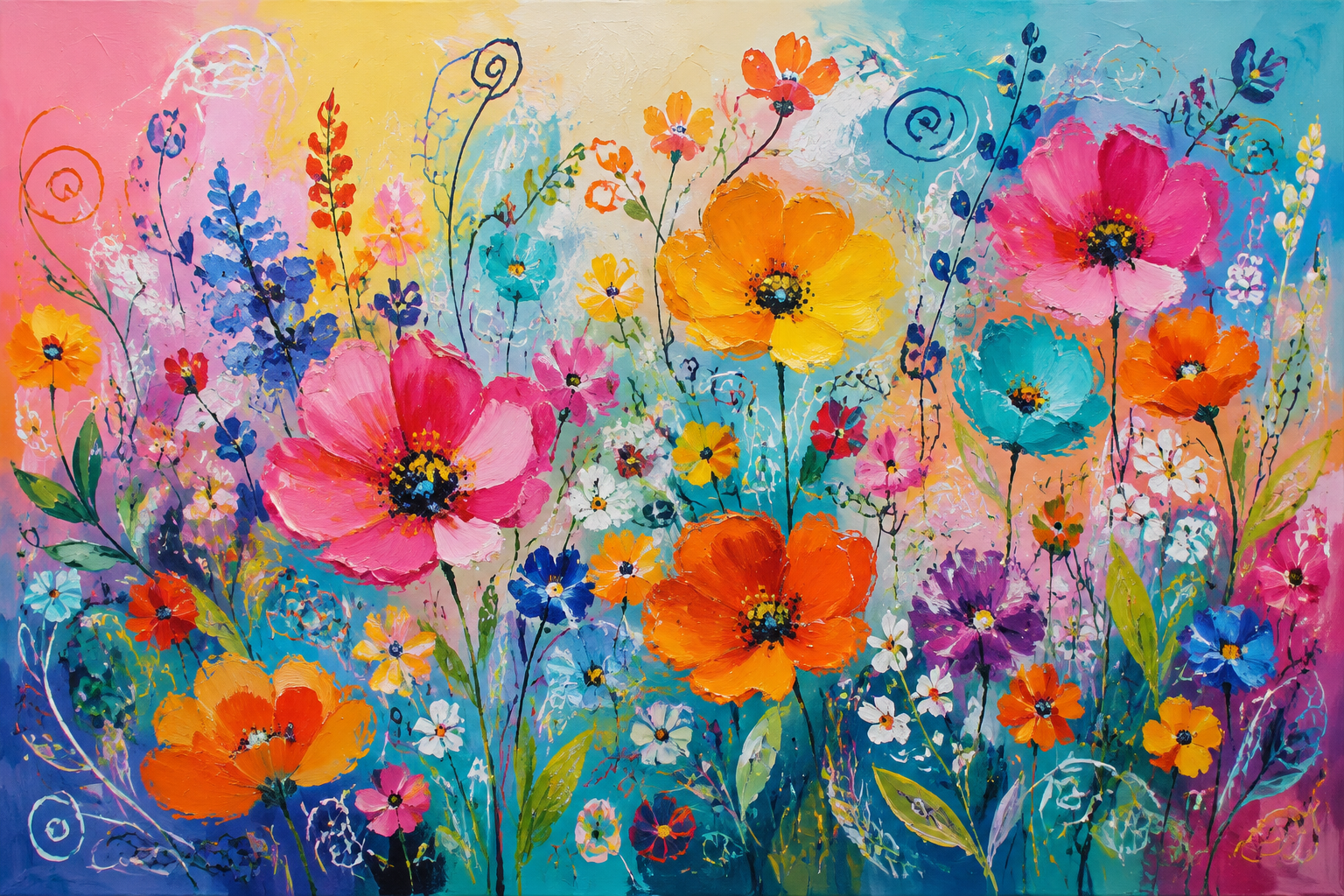 Colorful Wildflower Garden Framed Canvas Wall Art | Joyful Floral Rainbow Print