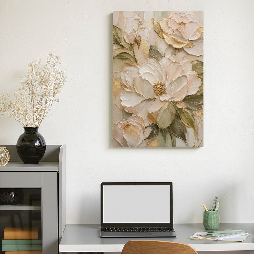 Cream Gold Peony Textured Framed Canvas Wall Art | Luxury Floral Relief Print