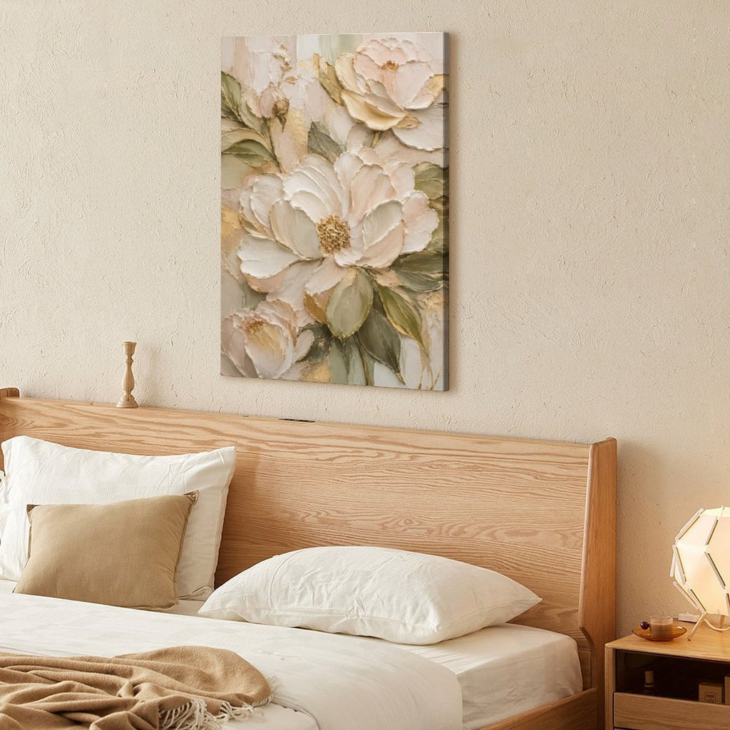 Cream Gold Peony Textured Framed Canvas Wall Art | Luxury Floral Relief Print