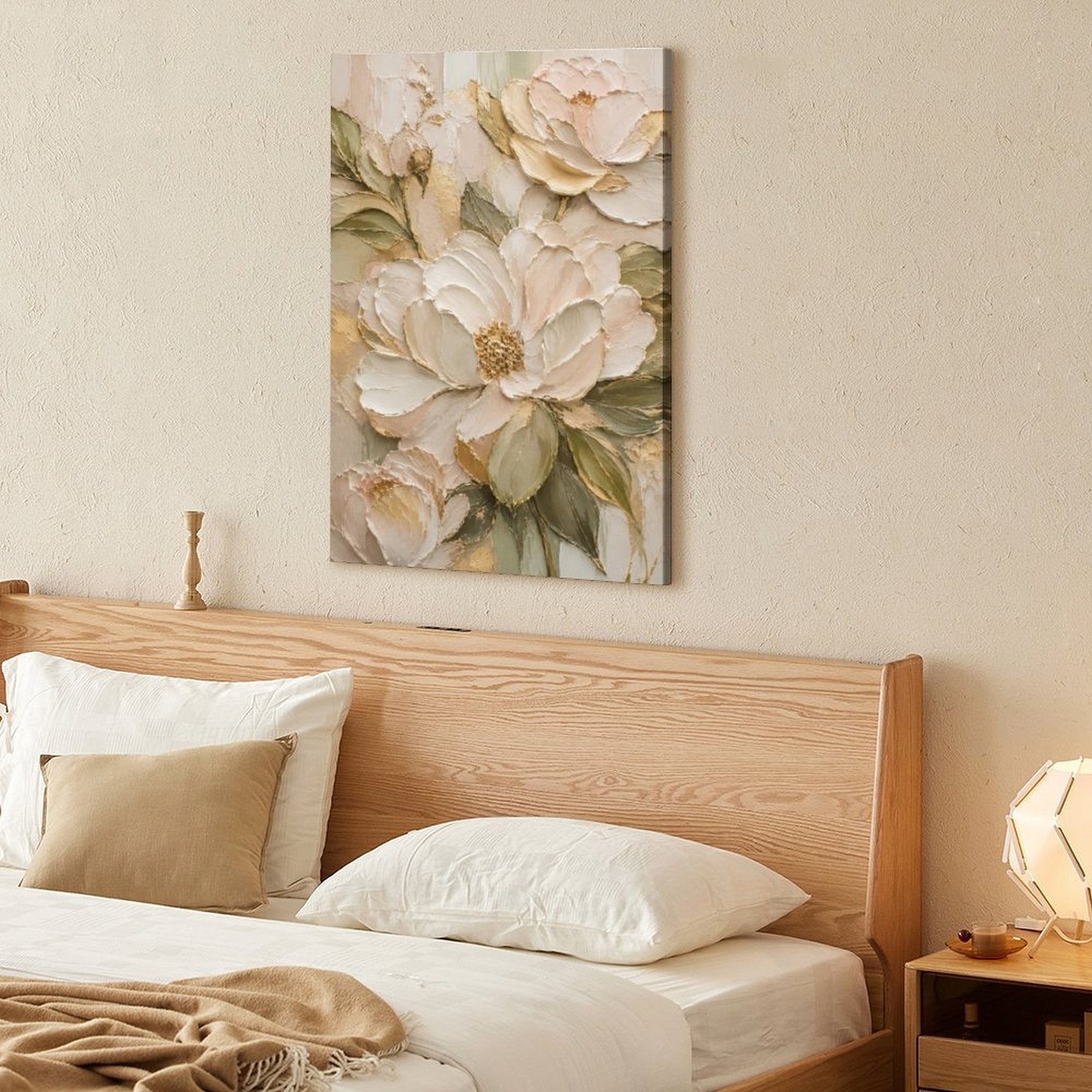 Cream Gold Peony Textured Framed Canvas Wall Art | Luxury Floral Relief Print