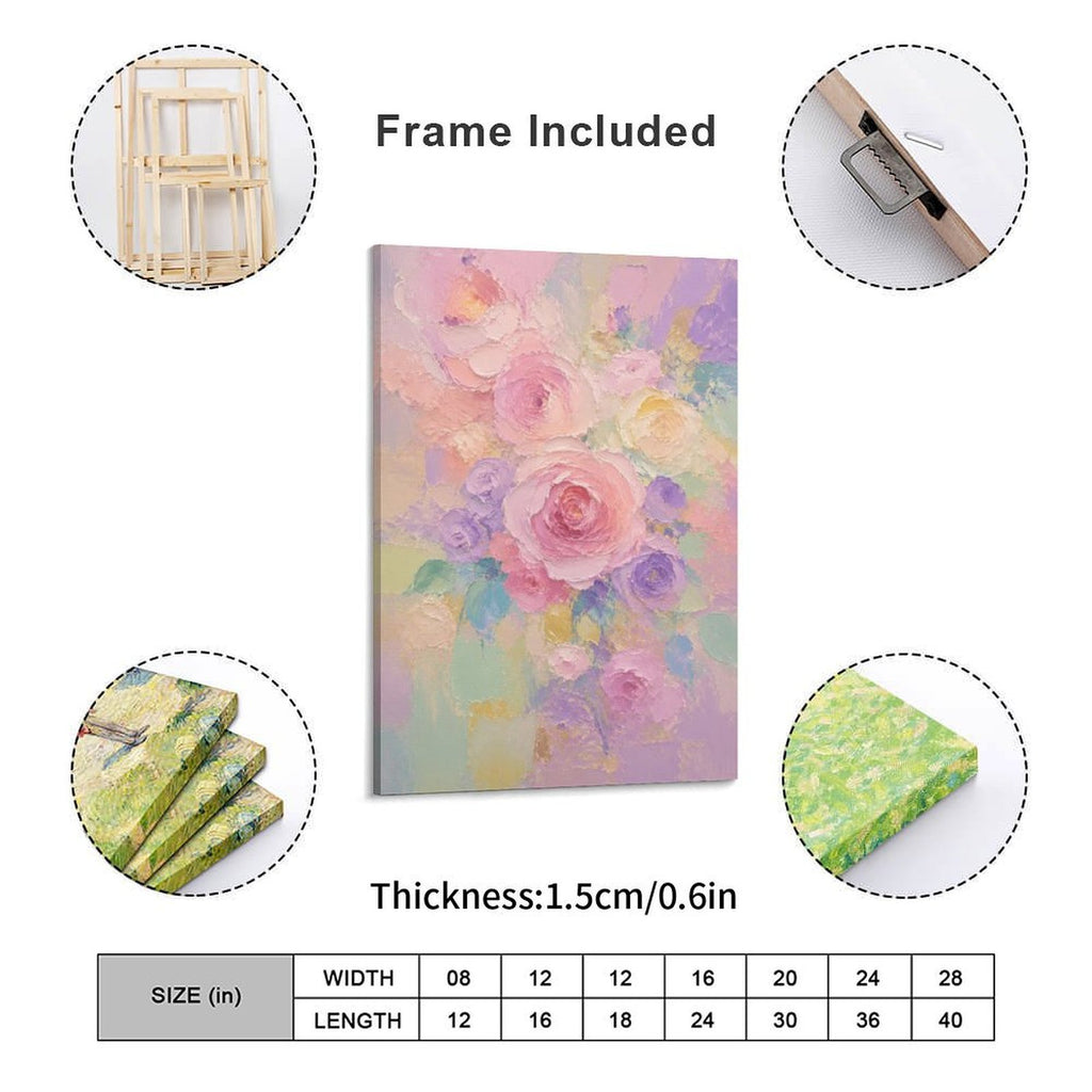 Pastel Rose Peony Bouquet Framed Canvas Wall Art | Soft Pink Purple Floral Print
