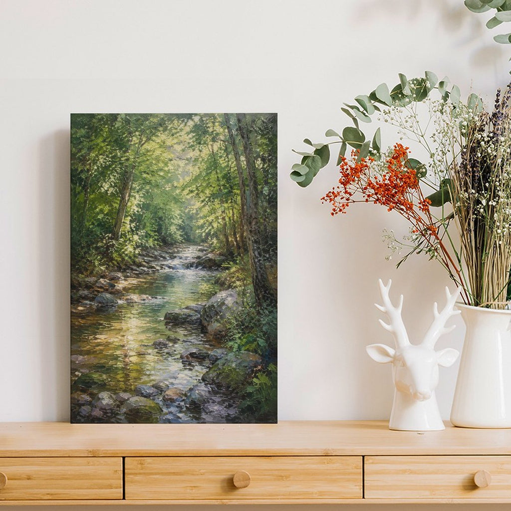 Sunlit Forest Stream Rocky Creek Framed Canvas Wall Art | Realist Nature Landscape Print
