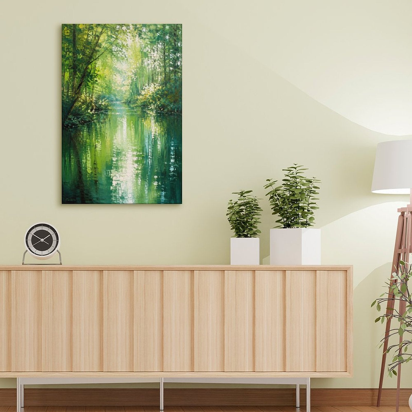 Emerald Forest River Monet-Style Framed Canvas Wall Art | Impressionist Green Nature Print