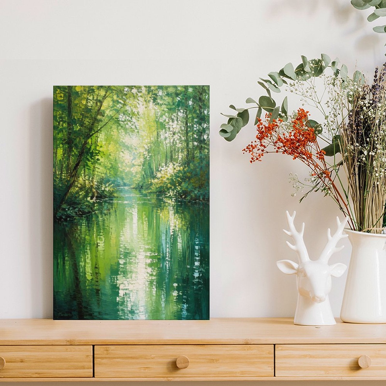 Emerald Forest River Monet-Style Framed Canvas Wall Art | Impressionist Green Nature Print