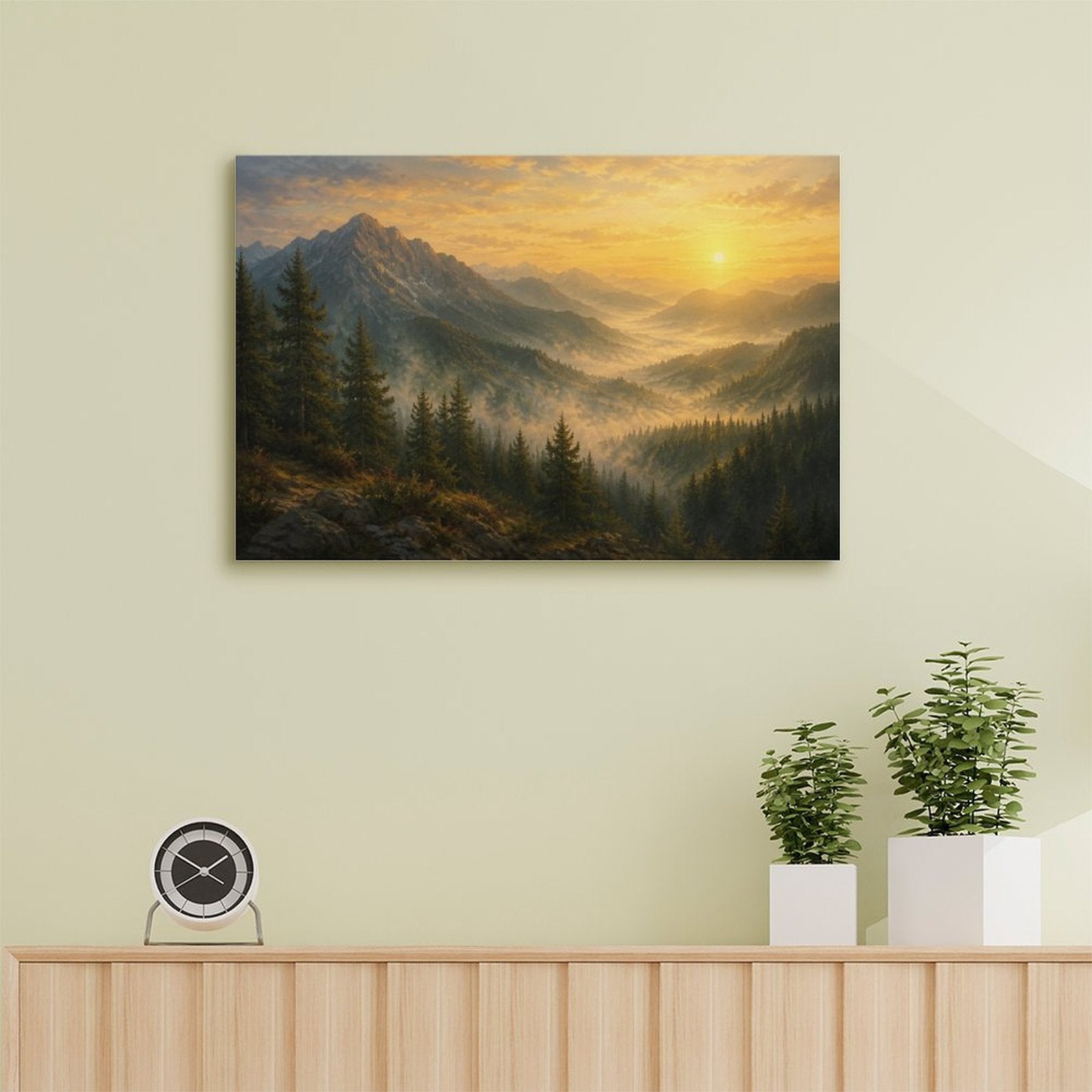 Alpine Mountain Valley Sunrise Framed Canvas Wall Art | Old Master Golden Landscape Print