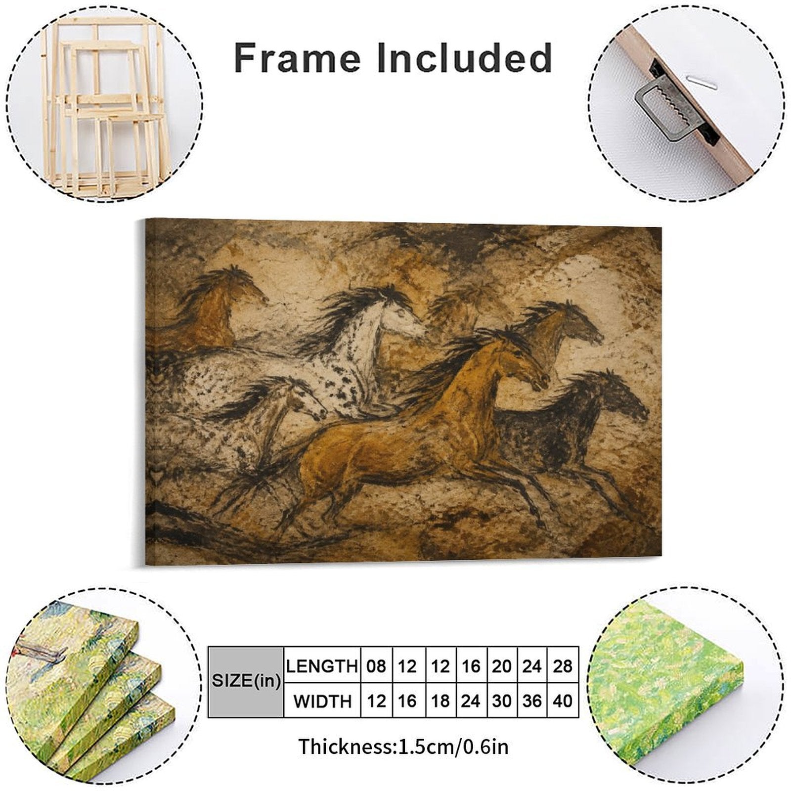 Cave Painting Wild Horses Framed Canvas Wall Art | Prehistoric Primitive Equestrian Print