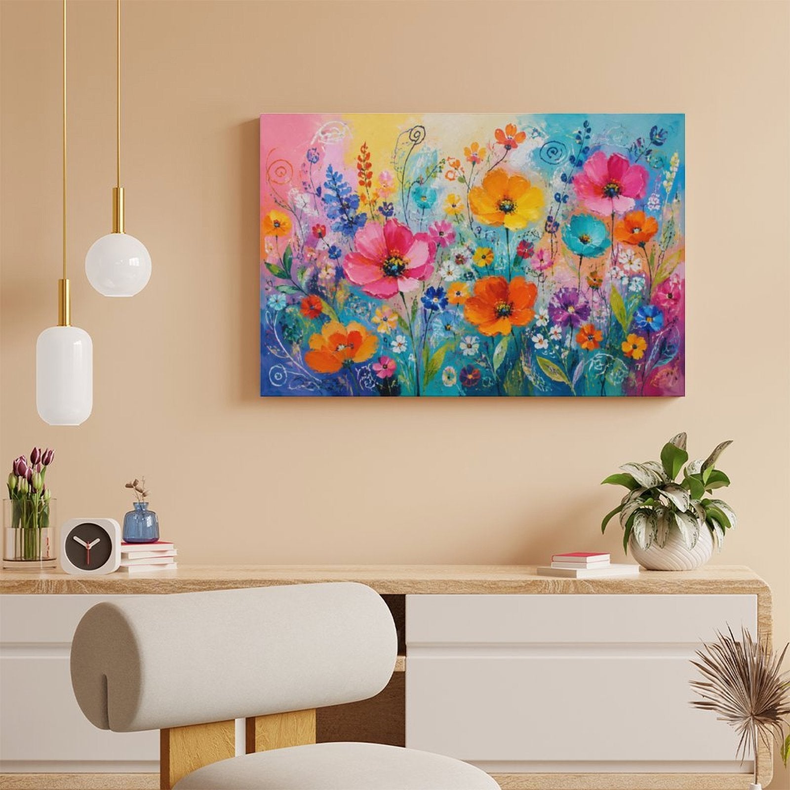Colorful Wildflower Garden Framed Canvas Wall Art | Joyful Floral Rainbow Print