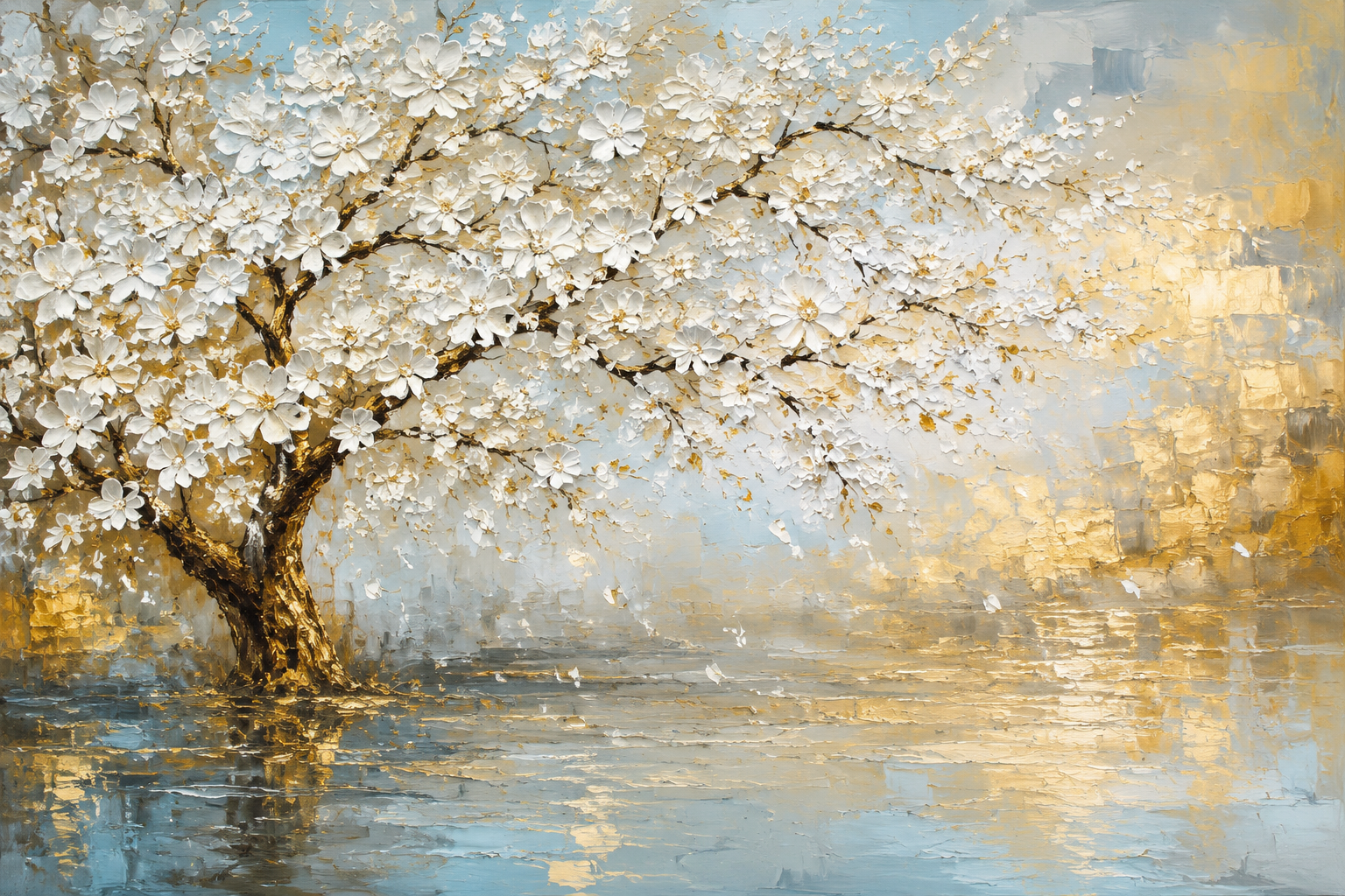 White Blossom Tree Lake Reflection Framed Canvas Wall Art | Gold Blue Textured Landscape Print