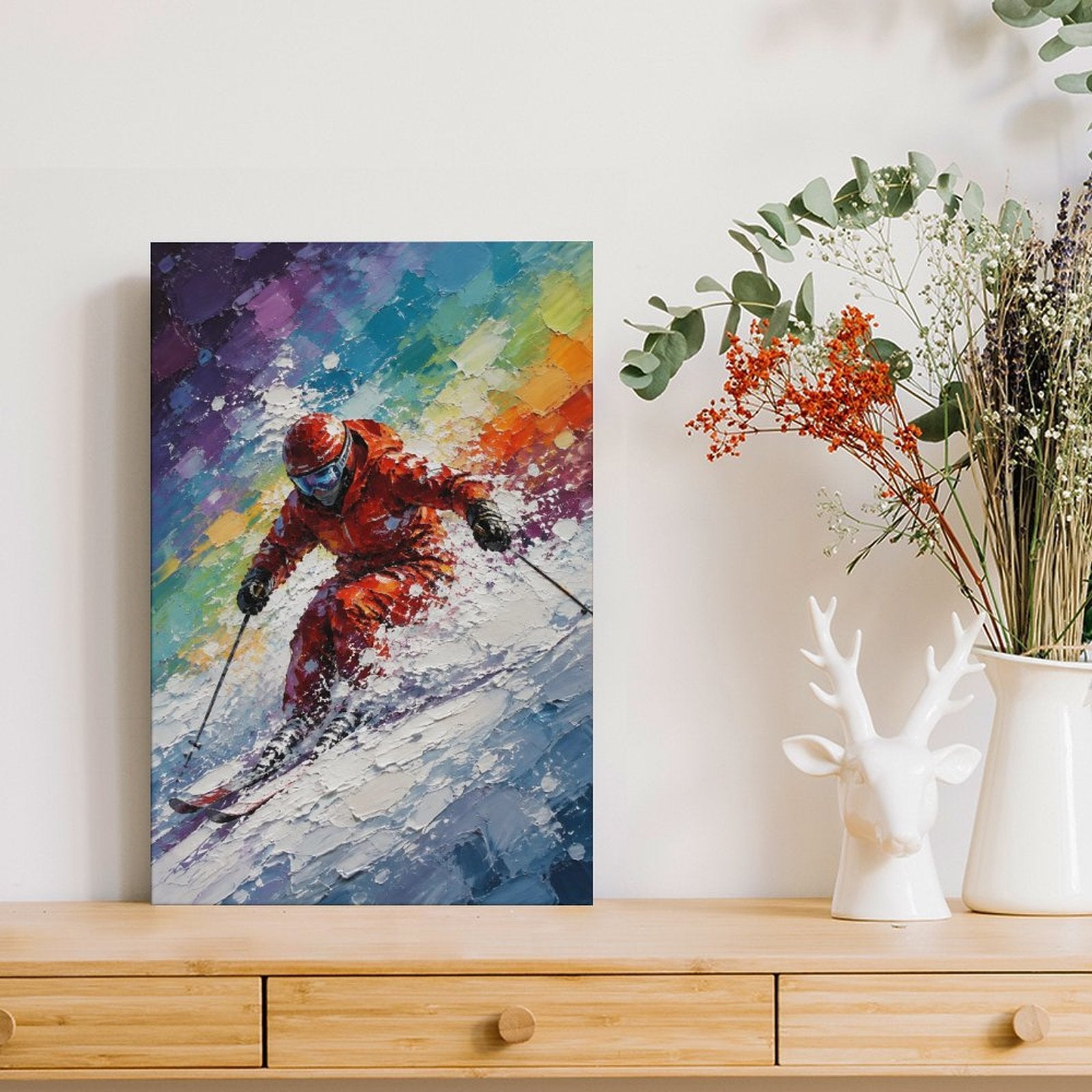 Dynamic Skier Red Suit Colorful Abstract Framed Canvas Wall Art | Winter Sports Textured Print