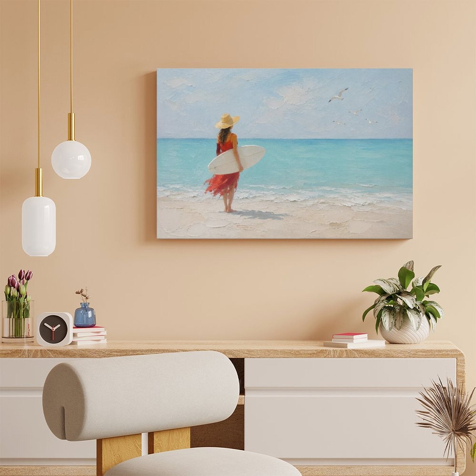 Red Dress Woman Surfer Beach Framed Canvas Wall Art | Coastal Figurative Ocean Print