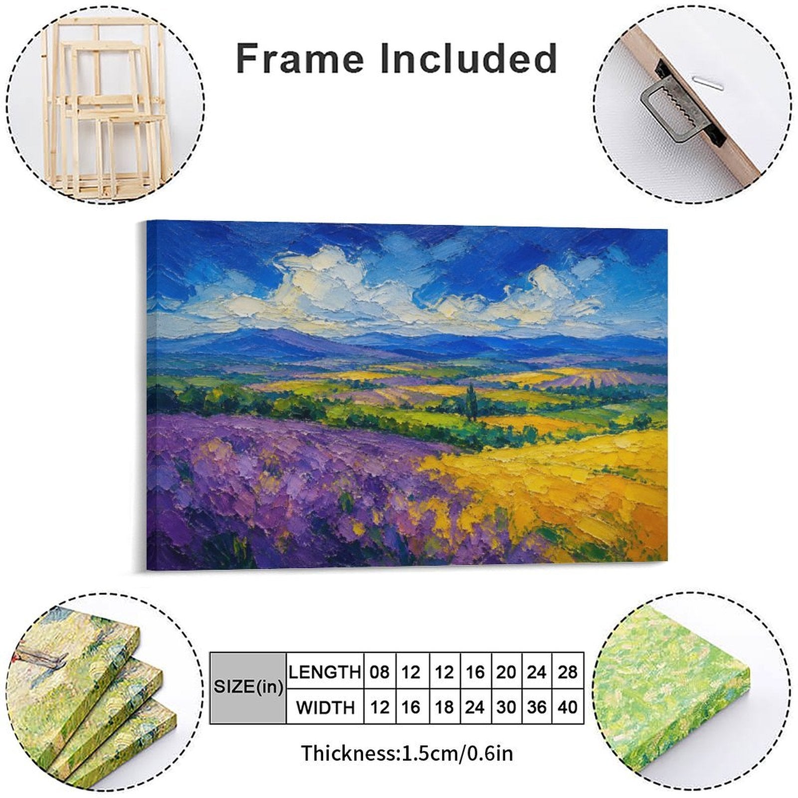 Provence Lavender Field Impressionist Framed Canvas Wall Art | Purple Yellow Landscape Textured Print