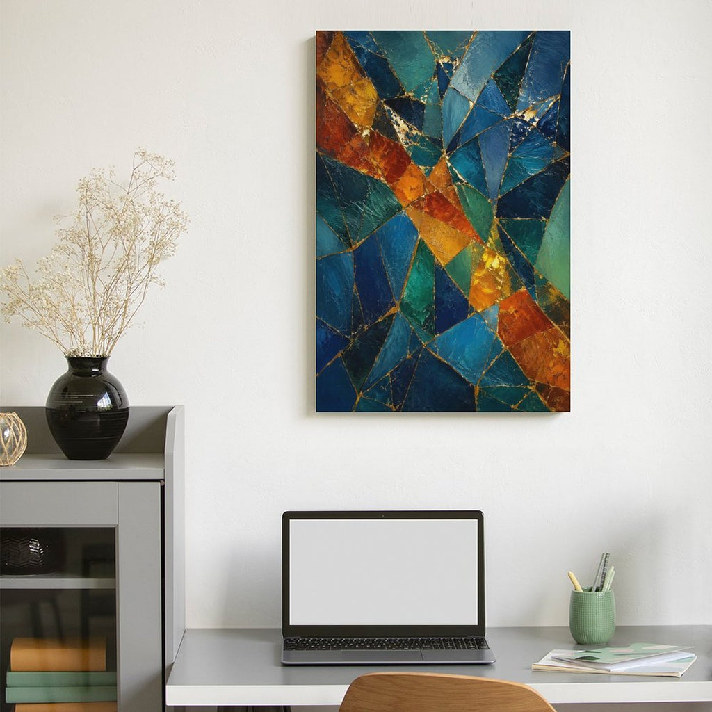 Teal Orange Gold Mosaic Stained Glass Abstract Framed Canvas Wall Art | Jewel Tone Geometric Print