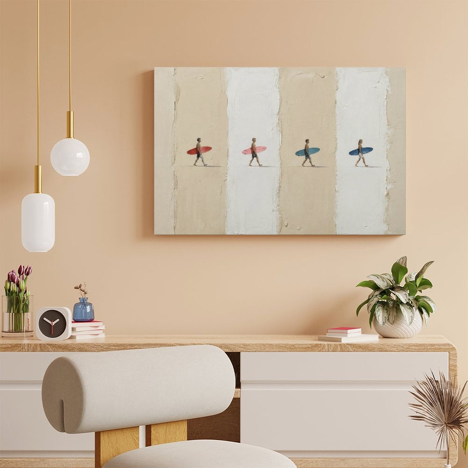 Four Surfers Colorful Boards Minimalist Framed Canvas Wall Art | Coastal Beach Stripe Print