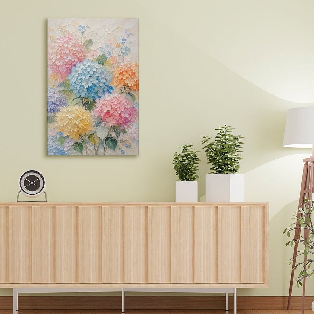 Colorful Hydrangea Garden Textured Framed Canvas Wall Art | Pastel Floral Relief Print