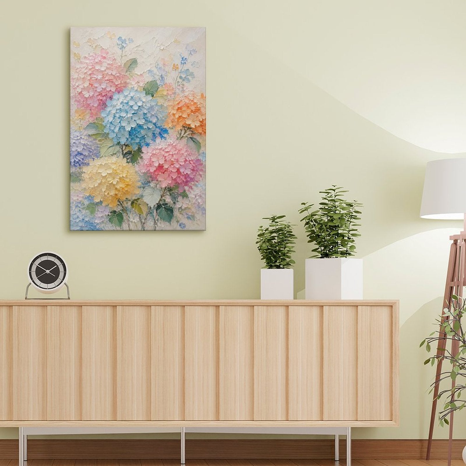 Colorful Hydrangea Garden Textured Framed Canvas Wall Art | Pastel Floral Relief Print