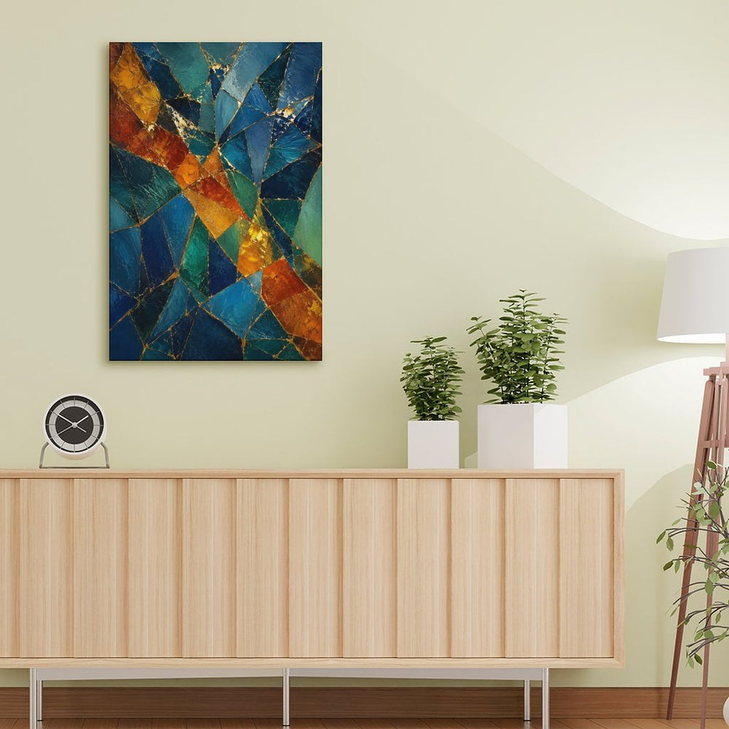Teal Orange Gold Mosaic Stained Glass Abstract Framed Canvas Wall Art | Jewel Tone Geometric Print