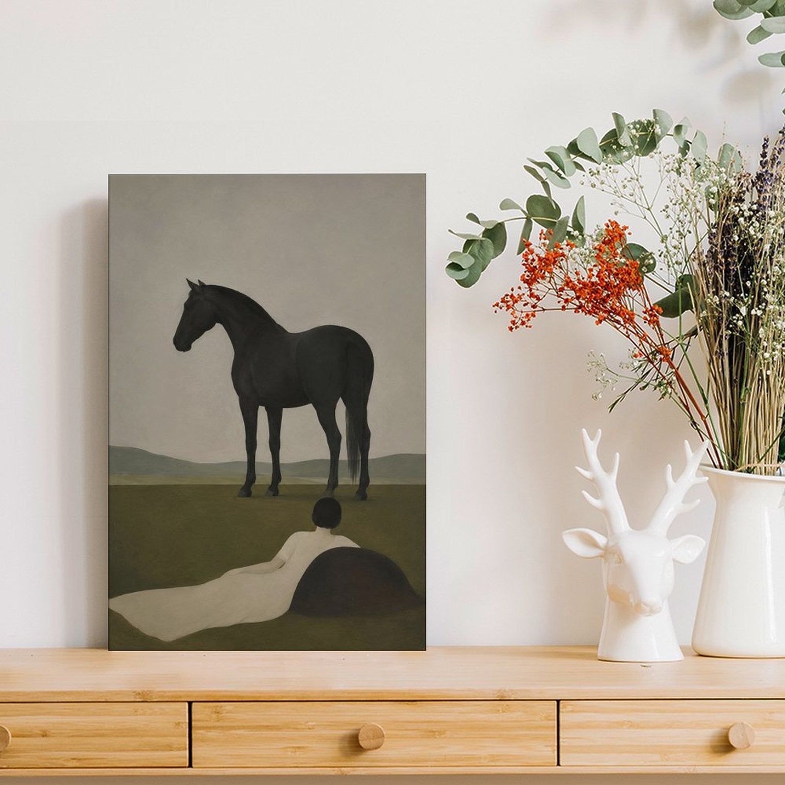 Woman & Black Horse Minimalist Framed Canvas Wall Art | Moody Figurative Print