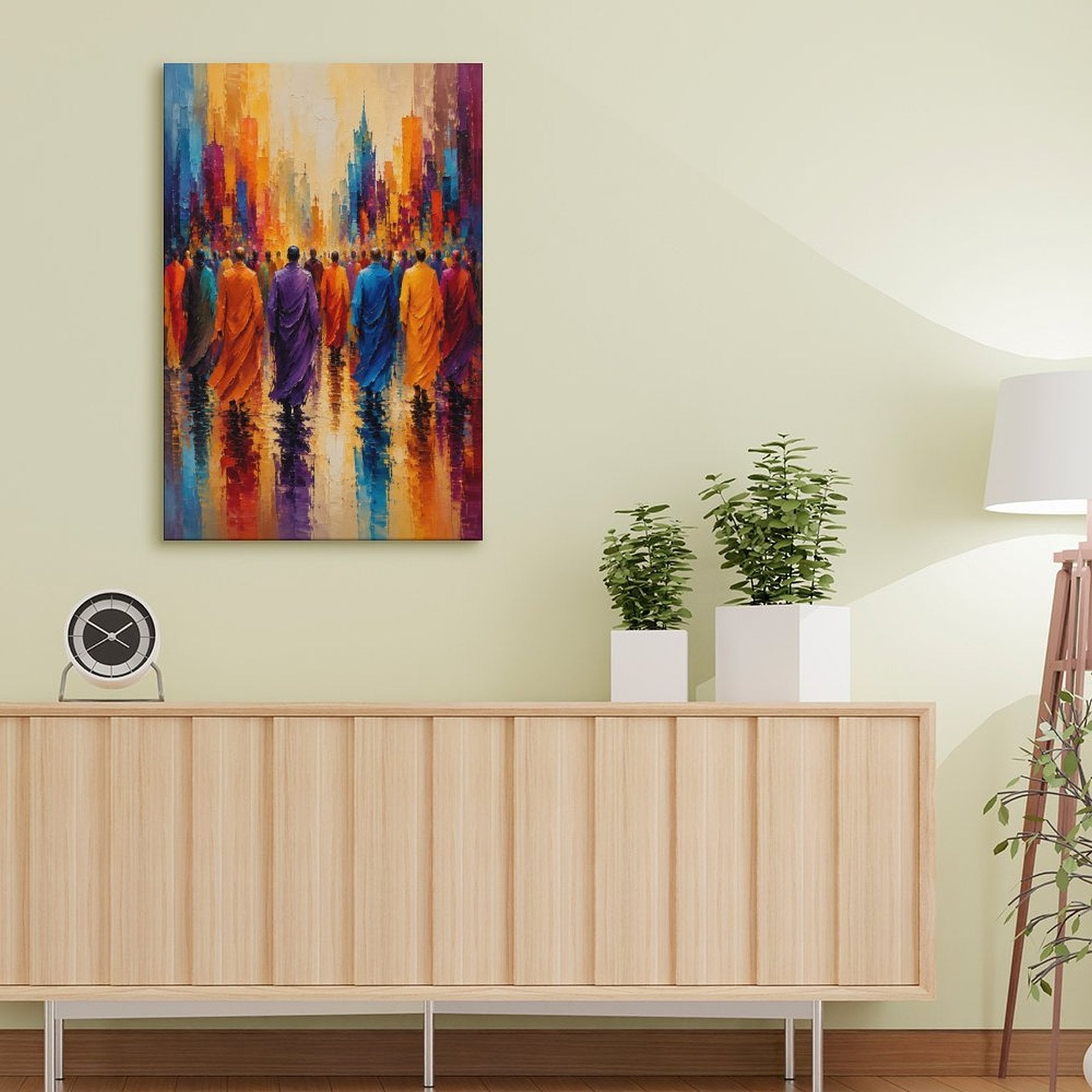 Buddhist Monks Colorful City Walk Framed Canvas Wall Art | Spiritual Expressionist Print