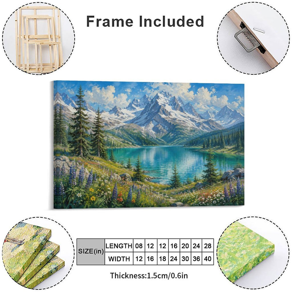 Alpine Turquoise Lake Wildflower Meadow Framed Canvas Wall Art | Mountain Landscape Print