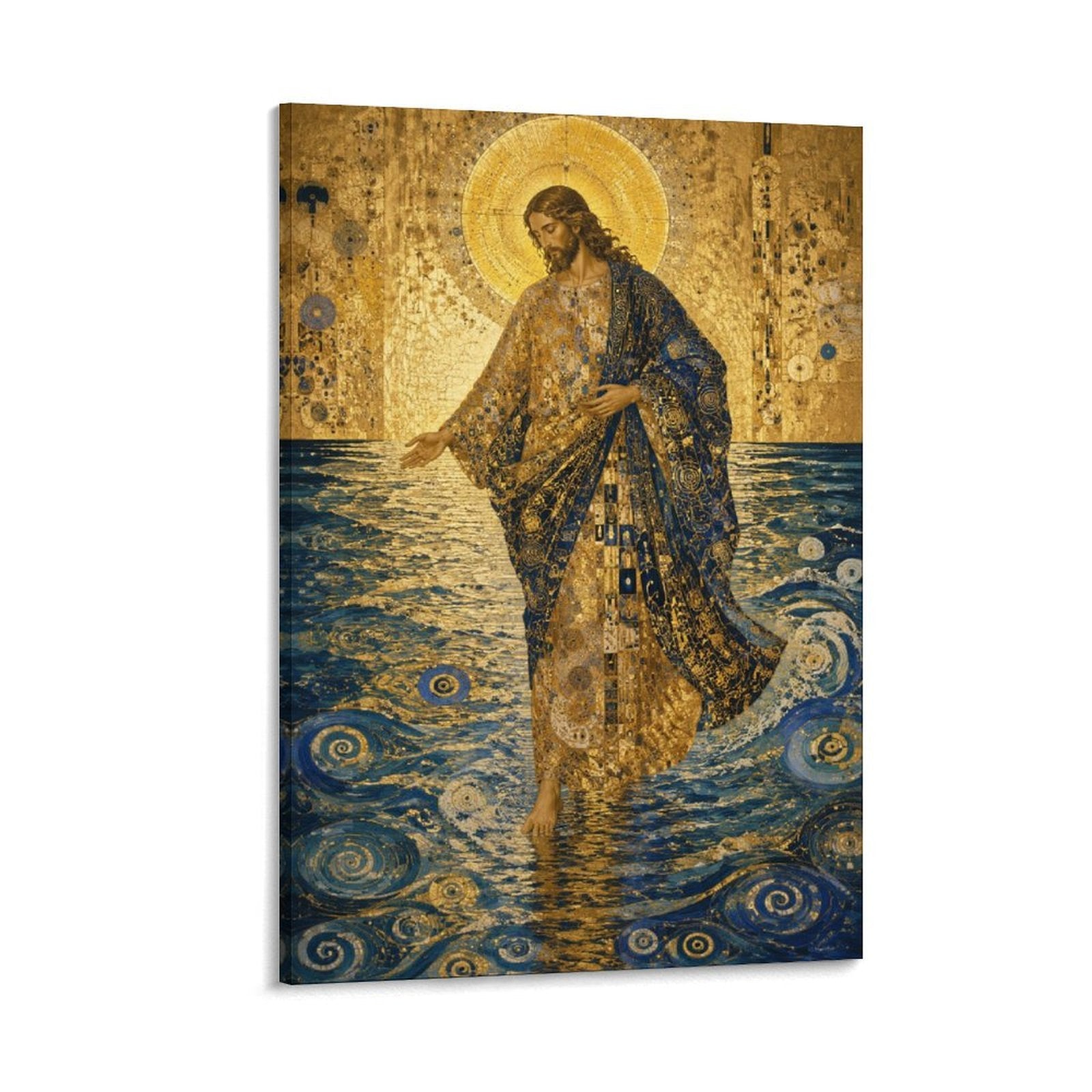 Jesus Walking on Water Klimt-Style Gold Mosaic Religious Framed Canvas Wall Art