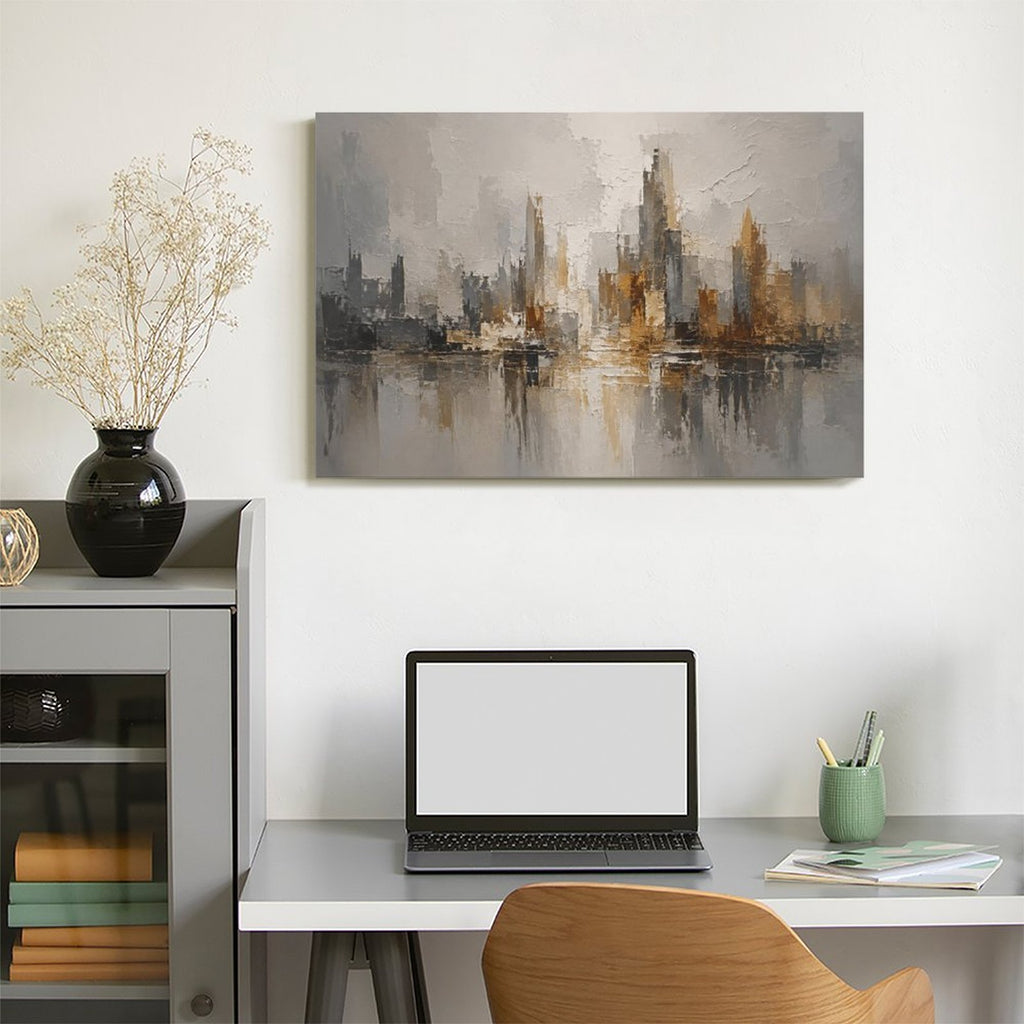 Abstract City Skyline Gold Grey Framed Canvas Wall Art | Modern Urban Textured Landscape Print