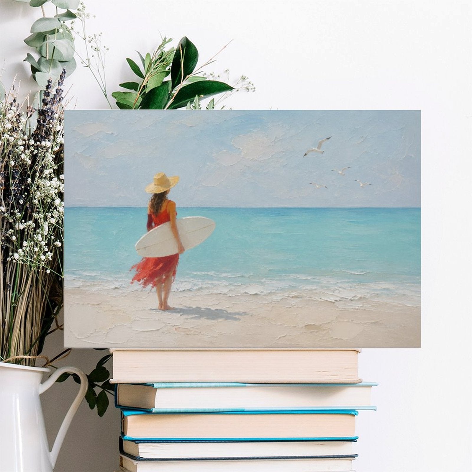 Red Dress Woman Surfer Beach Framed Canvas Wall Art | Coastal Figurative Ocean Print