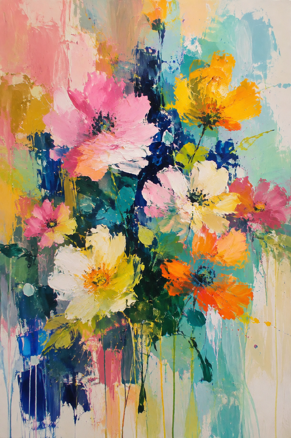 Vibrant Wildflower Bouquet Abstract Framed Canvas Wall Art | Colorful Expressionist Floral Print