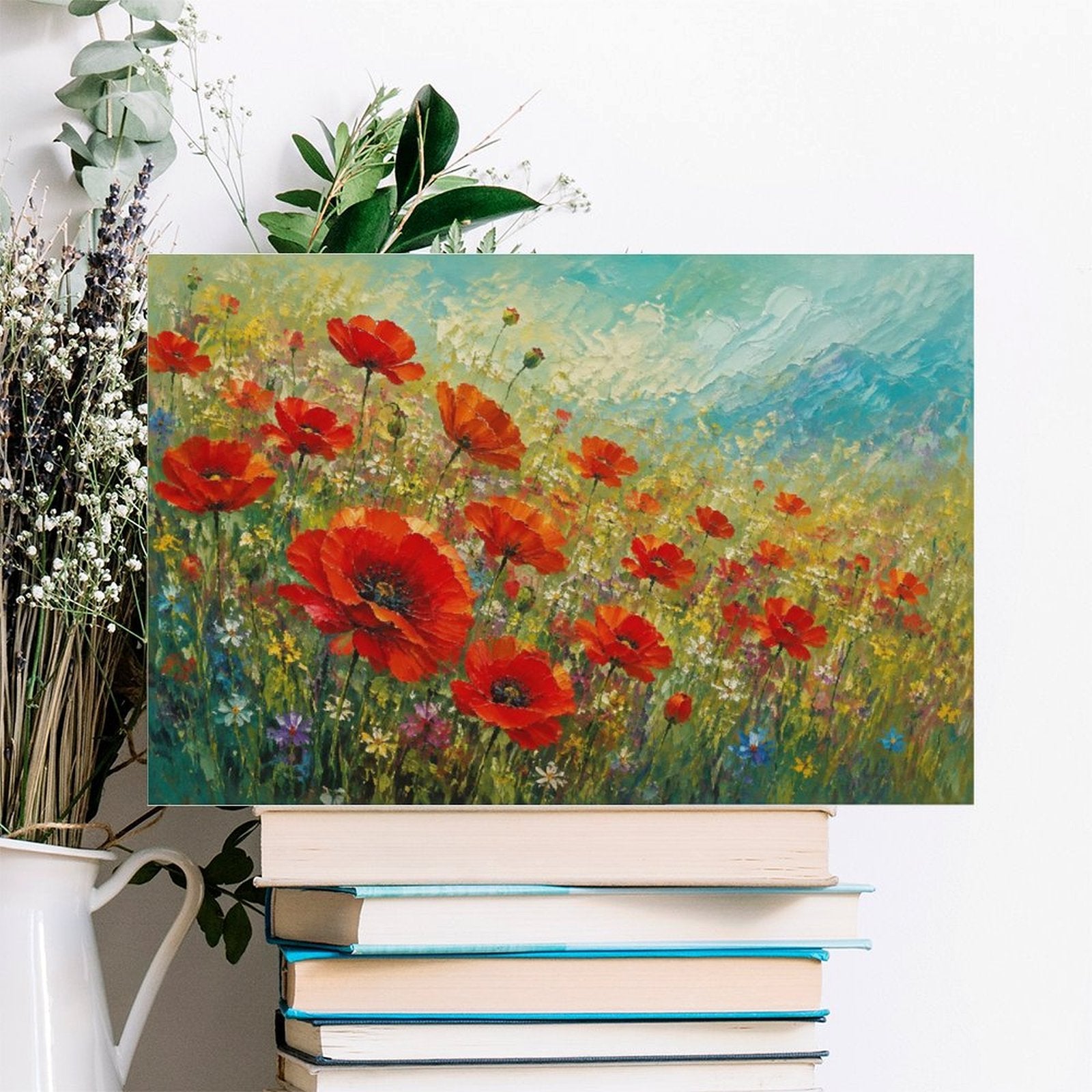 Red Poppy Wildflower Meadow Framed Canvas Wall Art | Impressionist Floral Field Print