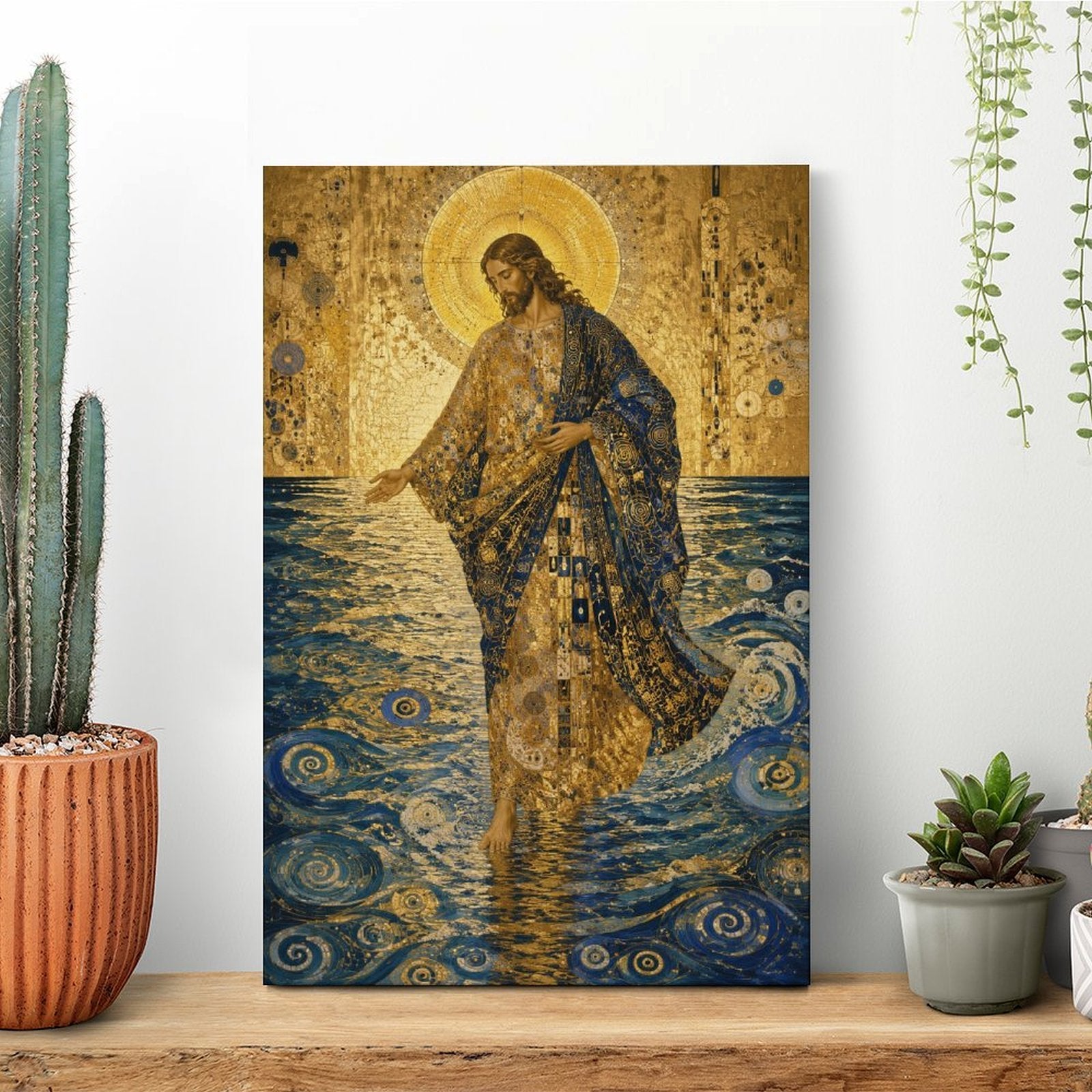 Jesus Walking on Water Klimt-Style Framed Canvas Wall Art | Gold Mosaic Religious Print