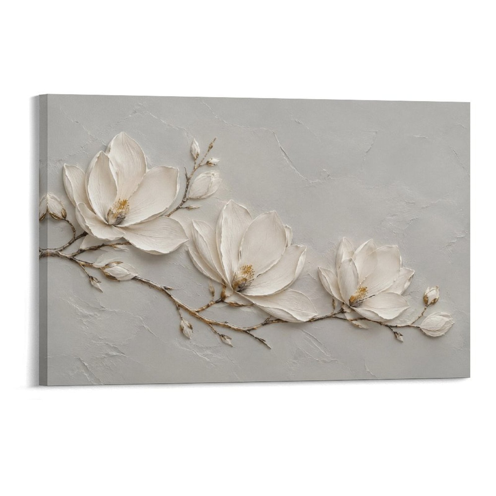 White Magnolia Branch Textured Minimalist Floral Botanical Framed Canvas Wall Art