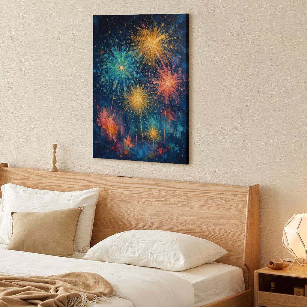 Colorful Fireworks Night Sky Impressionist Framed Canvas Wall Art | Festive Celebration Print