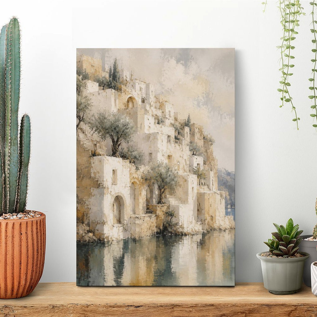 Mediterranean Waterfront Village Framed Canvas Wall Art | Vintage Watercolor Architecture Print
